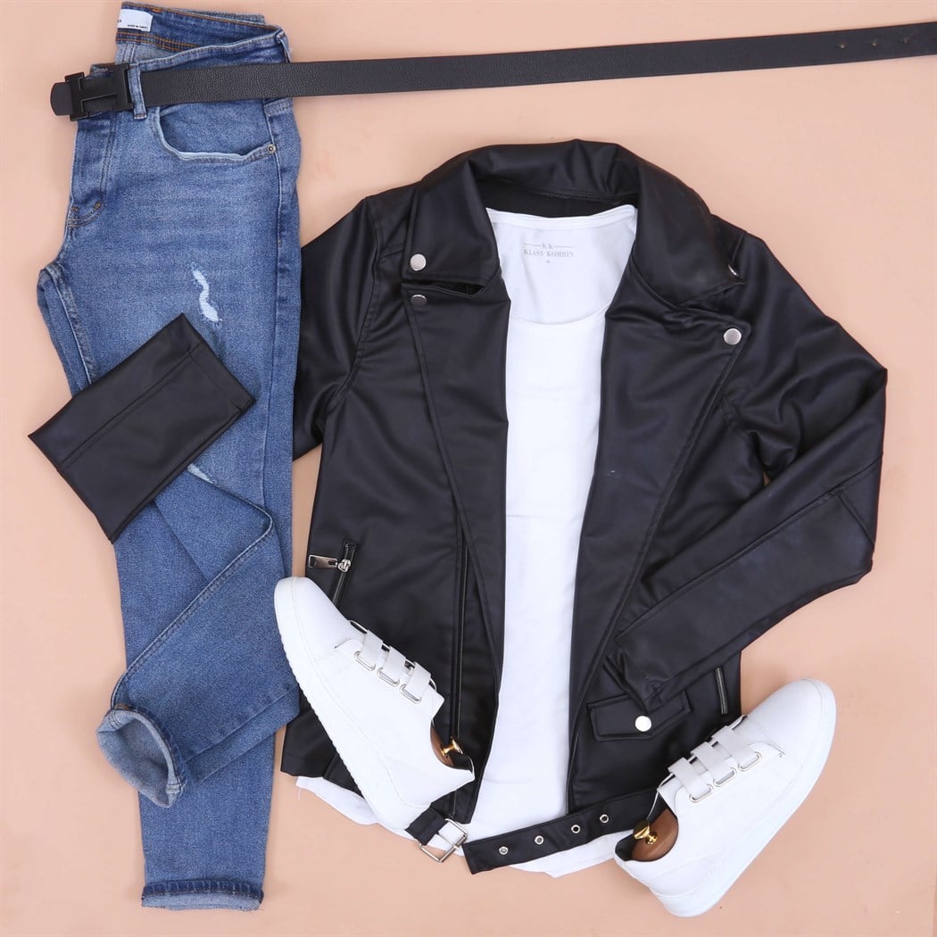 Siyah Deri Ceket Ayakkabı Kombini