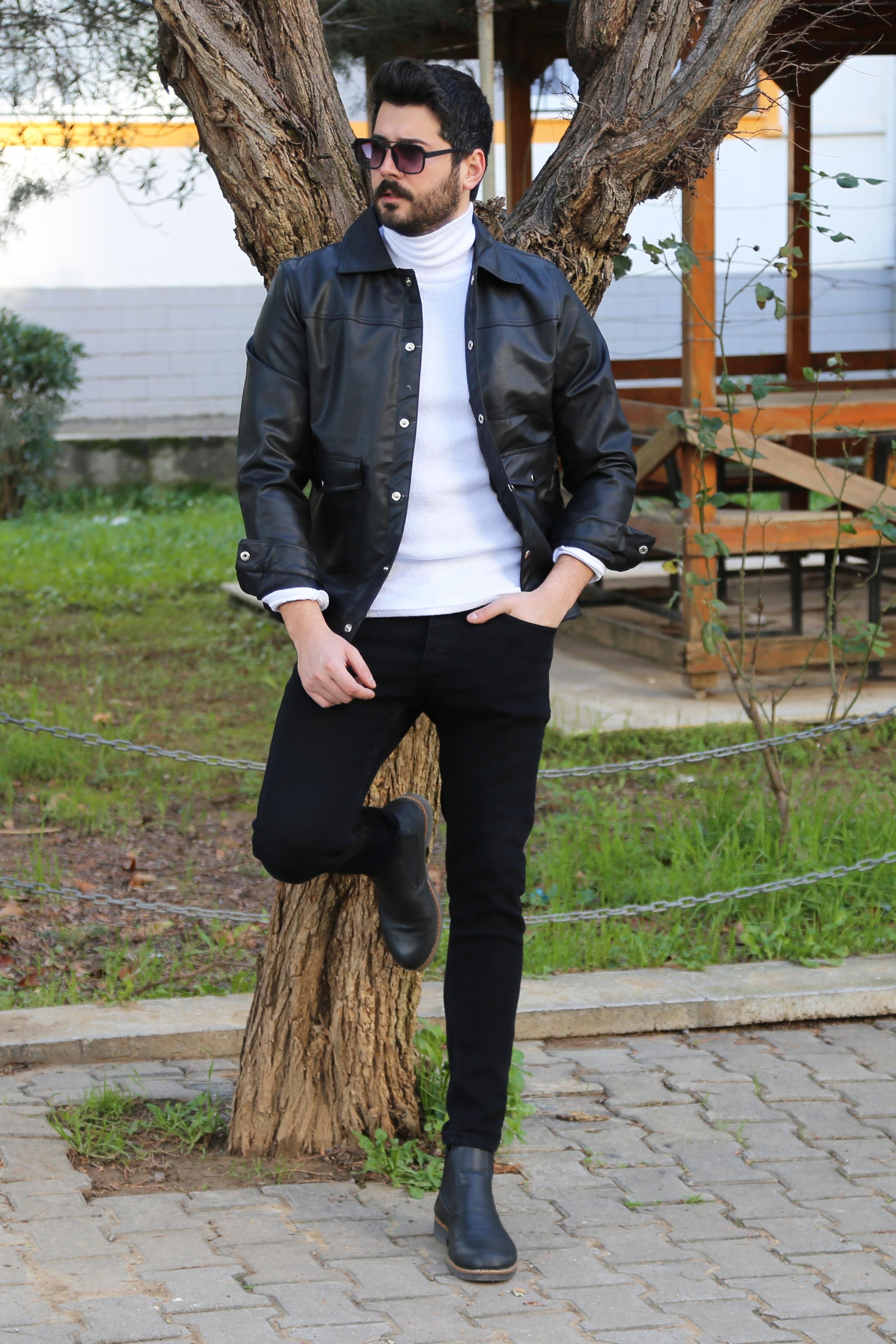 Siyah Deri Ceket Kombini