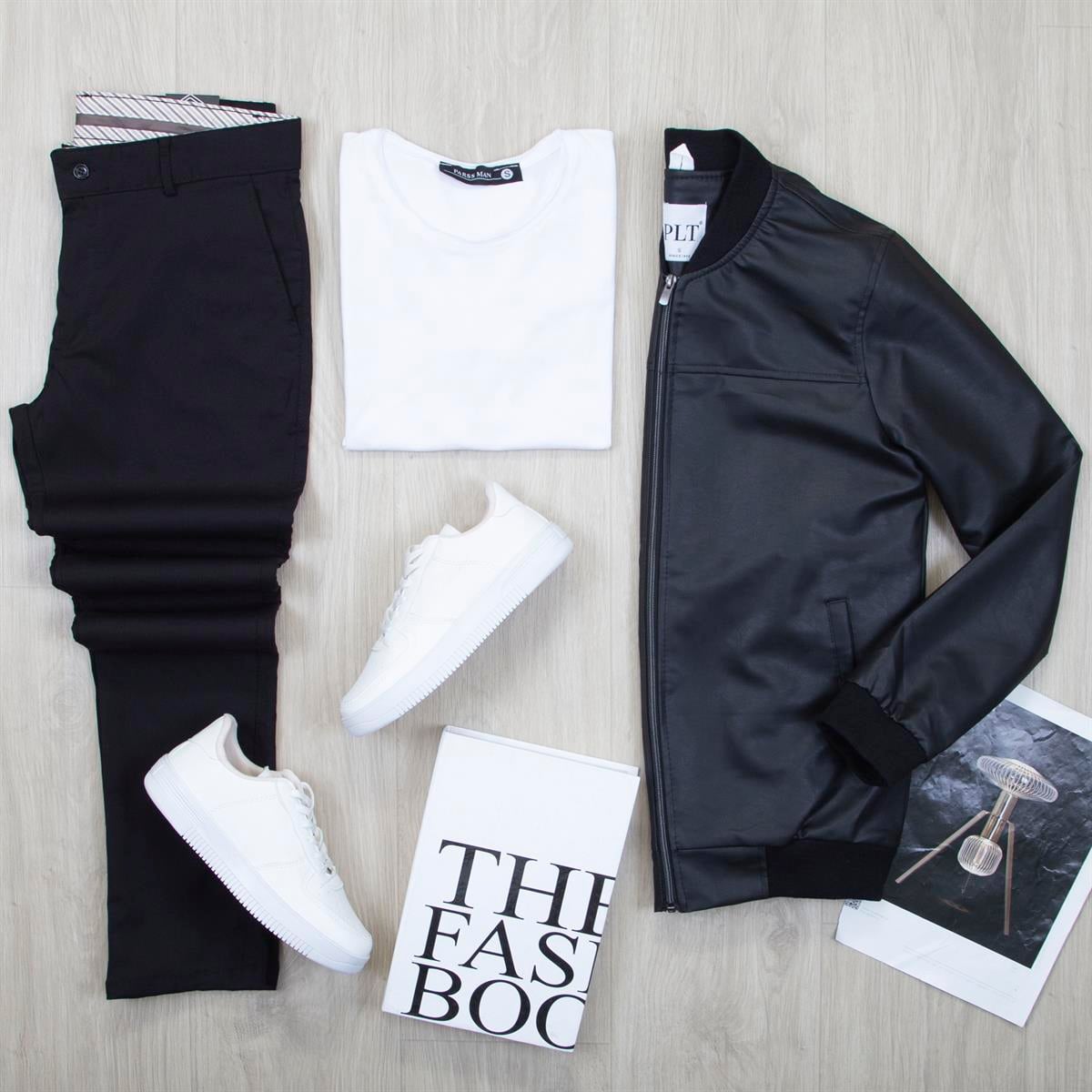 Siyah Deri Ceket Tişört Pantolon Ayakkabı Kombin