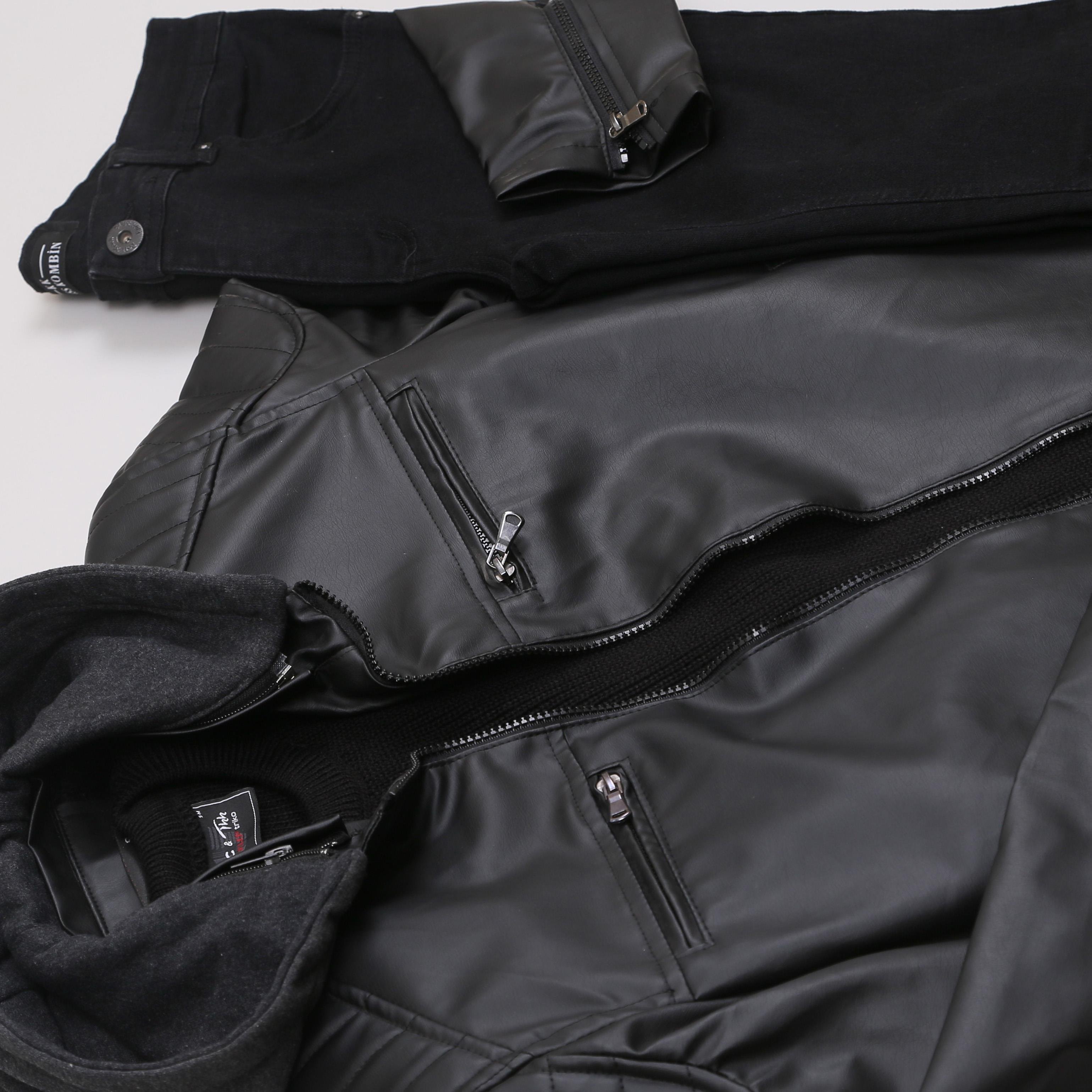 Siyah Deri Kapşonlu Ceket Kazak Pantolon Bot Kombin