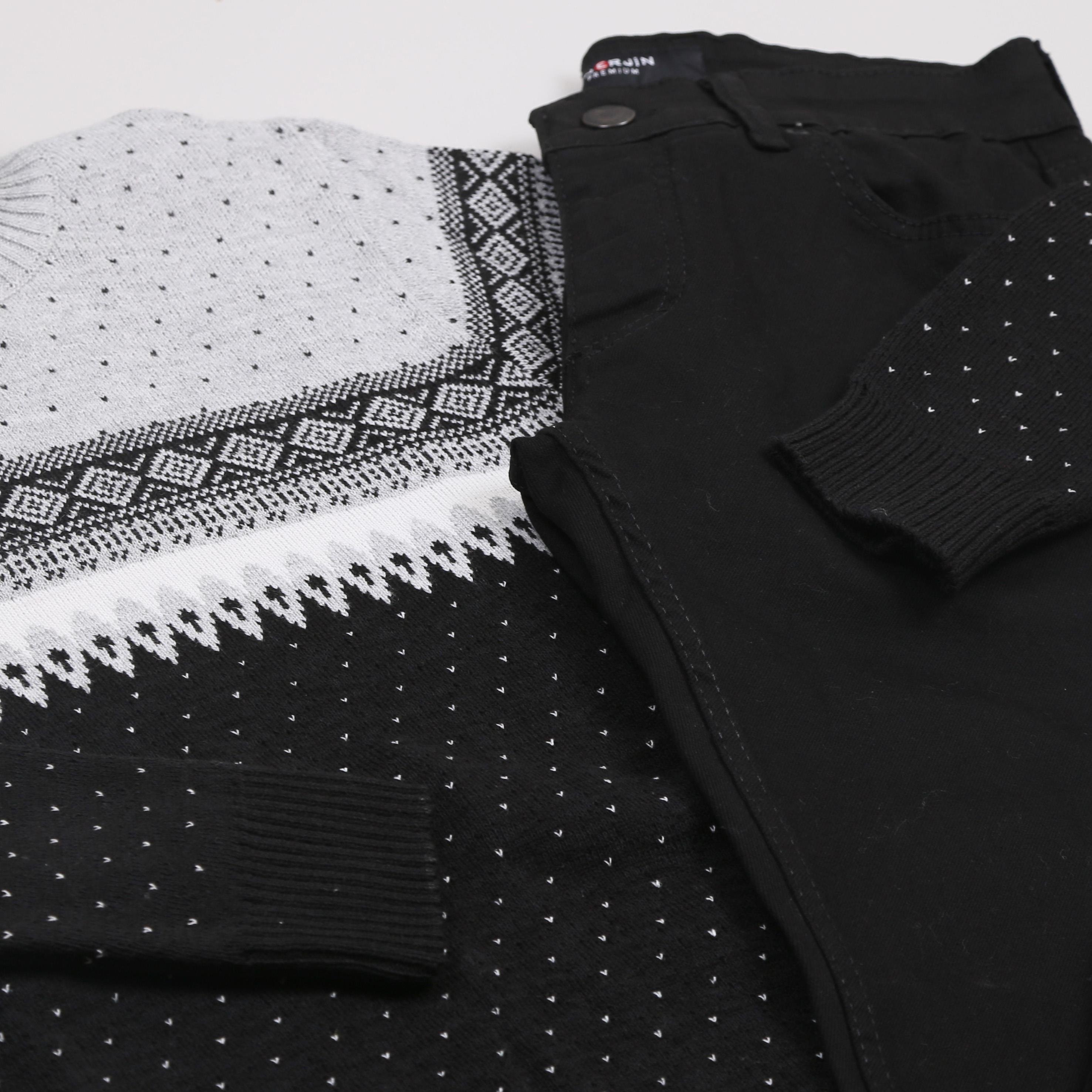 Siyah Desenli Kazak Pantolon Ayakkabı Kombini