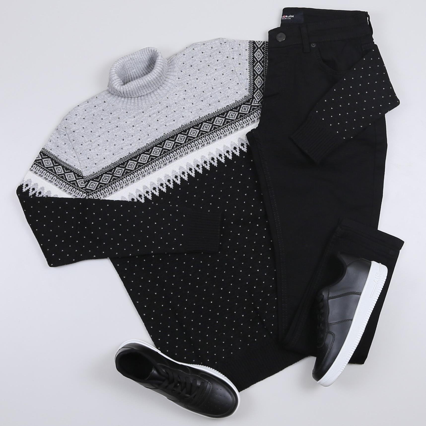 Siyah Desenli Kazak Pantolon Ayakkabı Kombini