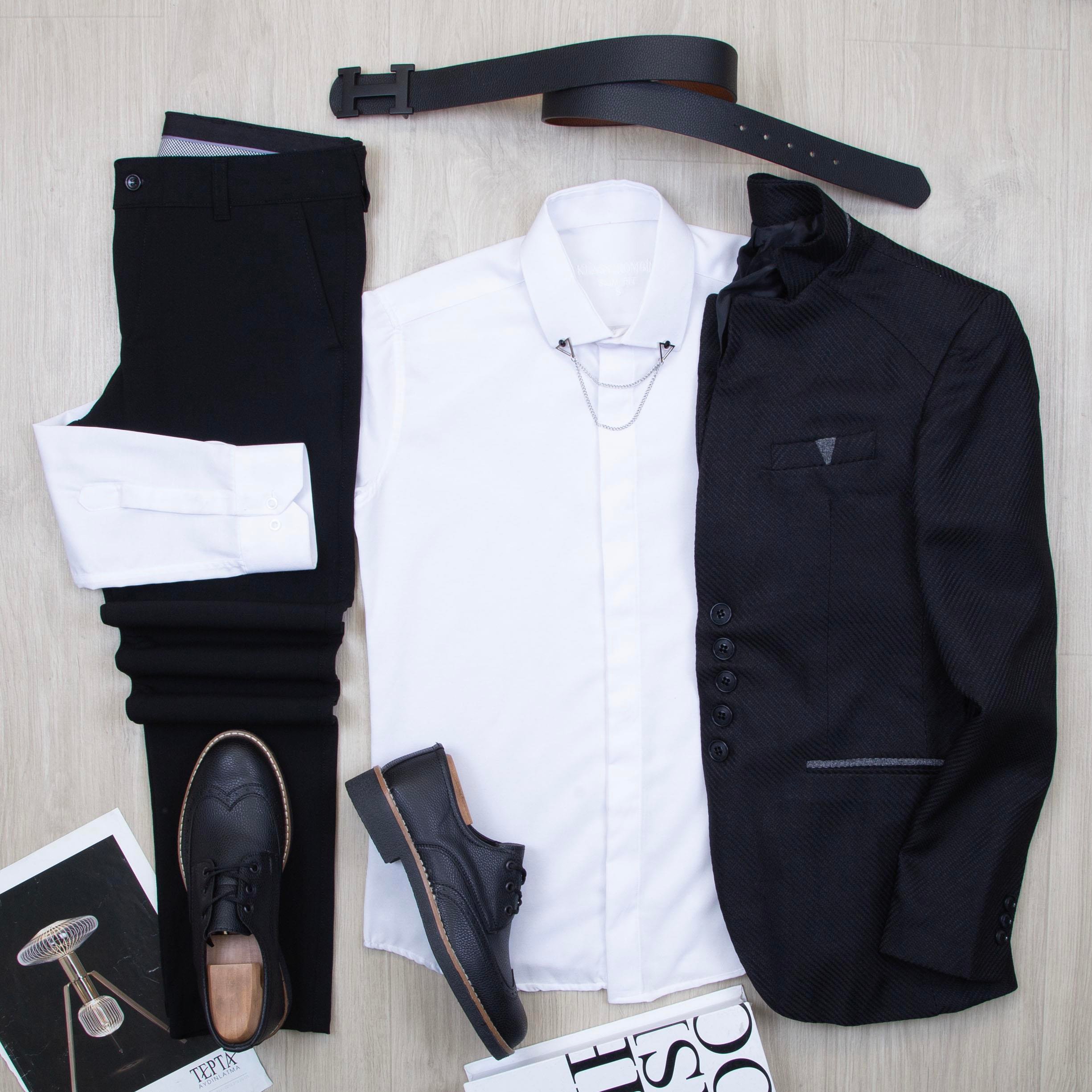 Siyah Dik Yaka Blazer Ceket Gömlek Pantolon Ayakkabı Kombin