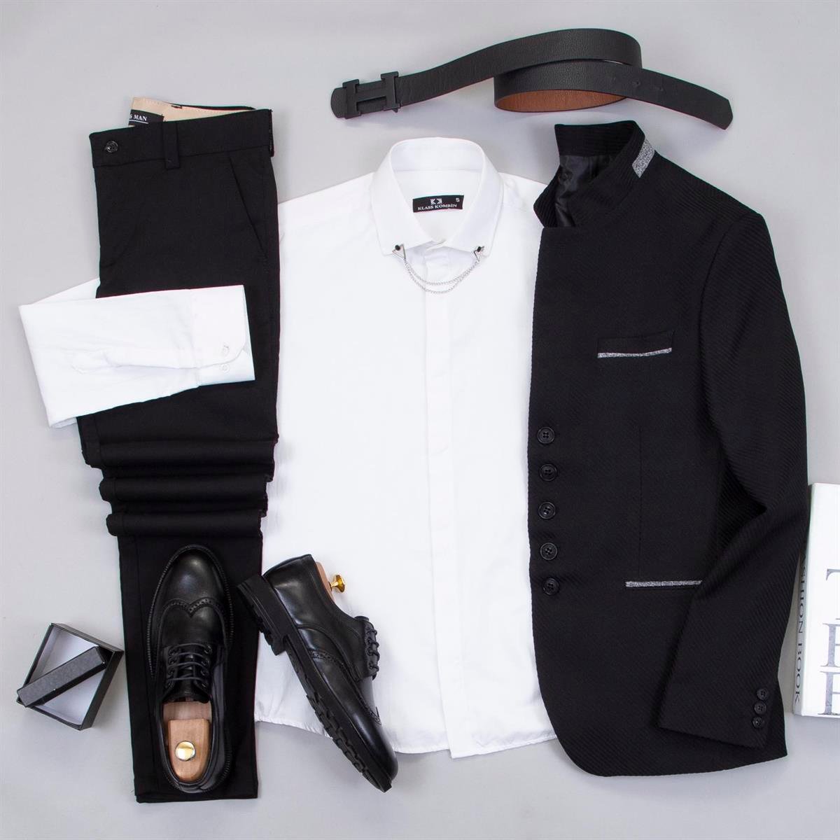 Siyah Dik Yaka Blazer Ceket Gömlek Pantolon Ayakkabı Kombin