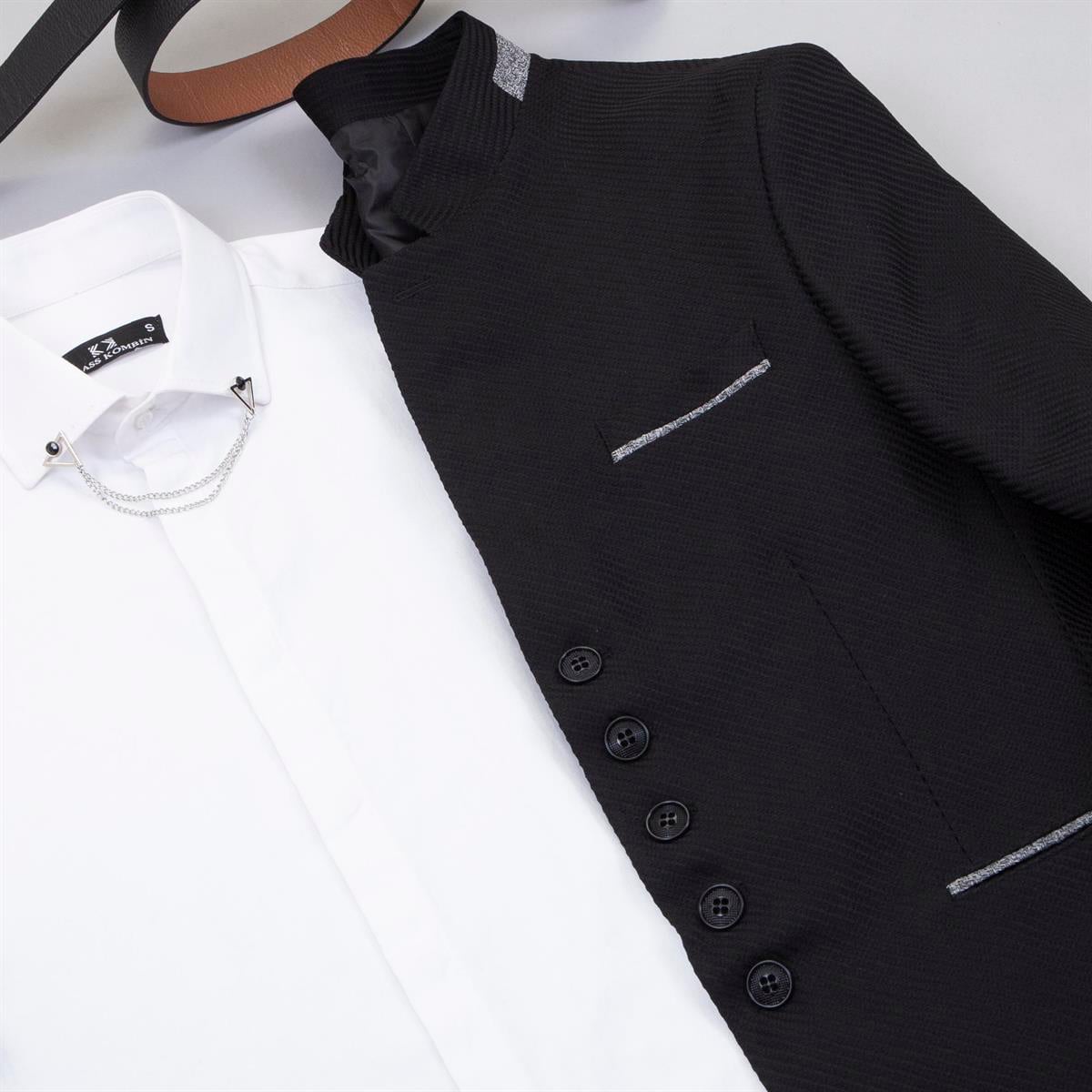 Siyah Dik Yaka Blazer Ceket Gömlek Pantolon Ayakkabı Kombin