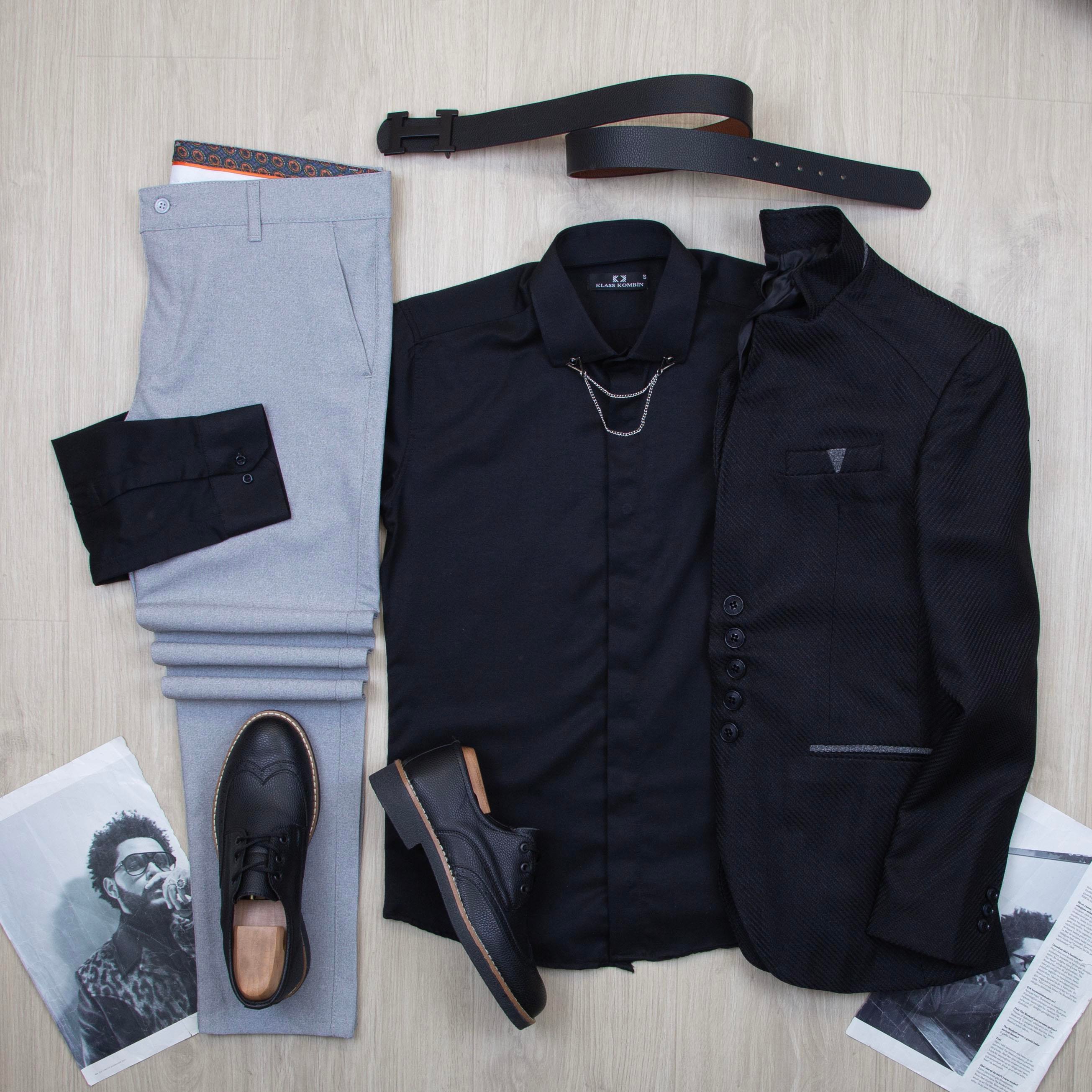 Siyah Dik Yaka Blazer Ceket Gömlek Pantolon Ayakkabı Kombin