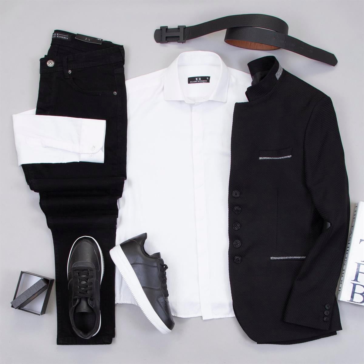 Siyah Dik Yaka Blazer Ceket Gömlek Pantolon Ayakkabı Kombin