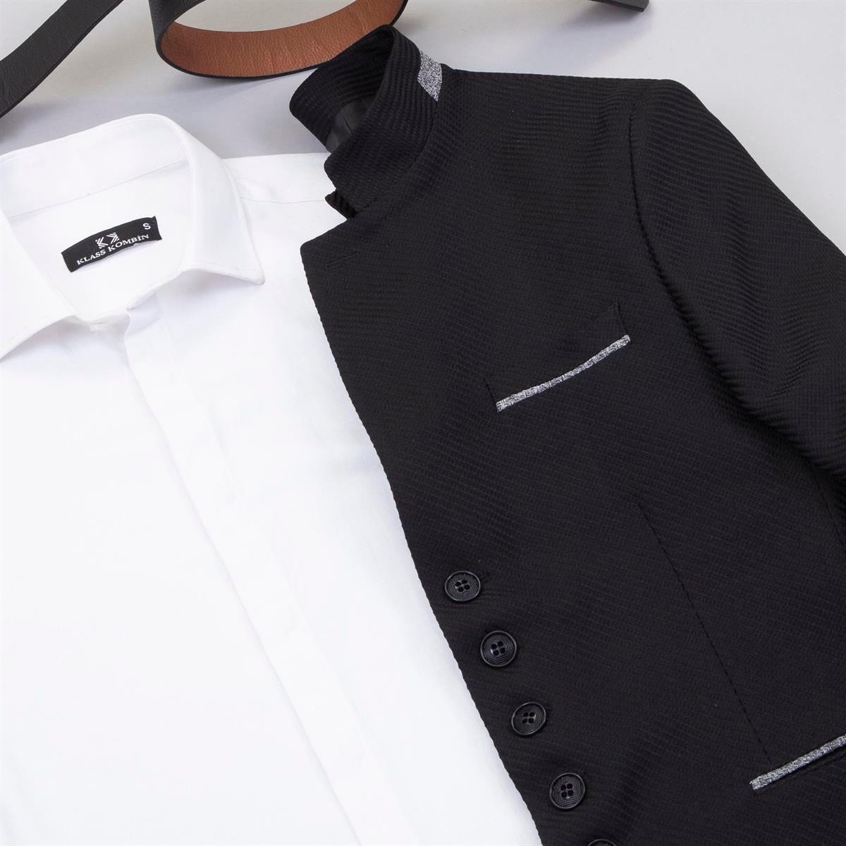 Siyah Dik Yaka Blazer Ceket Gömlek Pantolon Ayakkabı Kombin