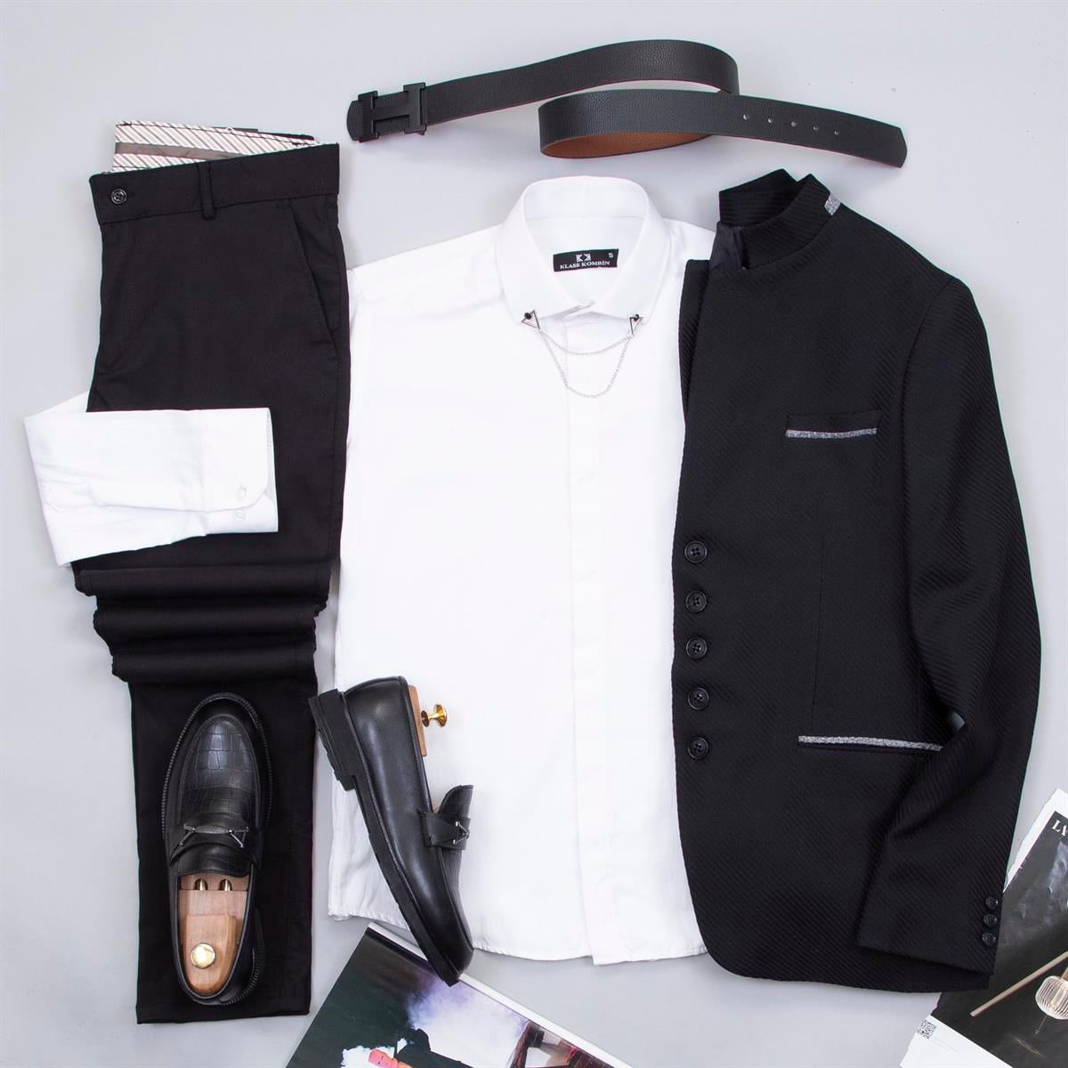 Siyah Dik Yaka Blazer Ceket Gömlek Pantolon Ayakkabı Kombin