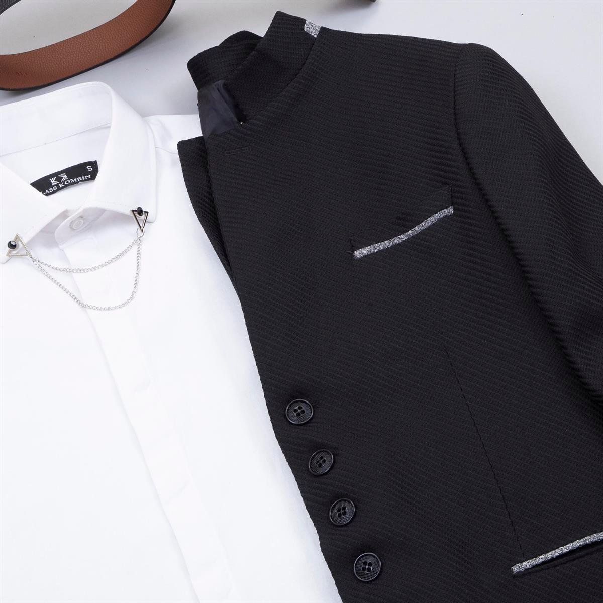 Siyah Dik Yaka Blazer Ceket Gömlek Pantolon Ayakkabı Kombin