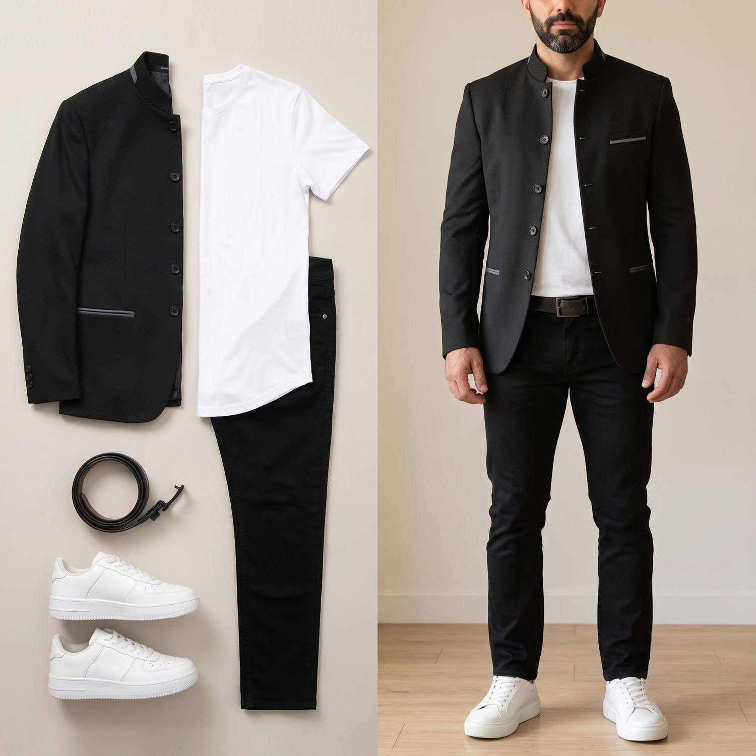 Siyah Dik Yaka Blazer Ceket Tişört Pantolon Ayakkabı Kombin