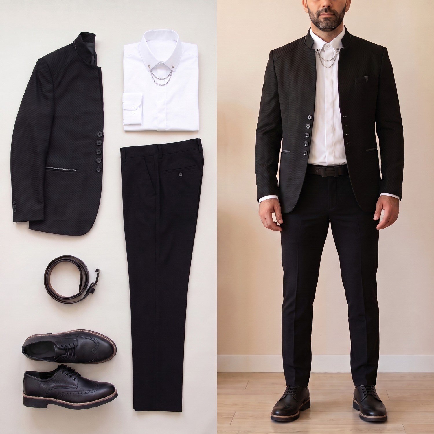 Siyah Dik Yaka Blazer Ceket Kombini Erkek | Slim Fit Şık Komple Set 