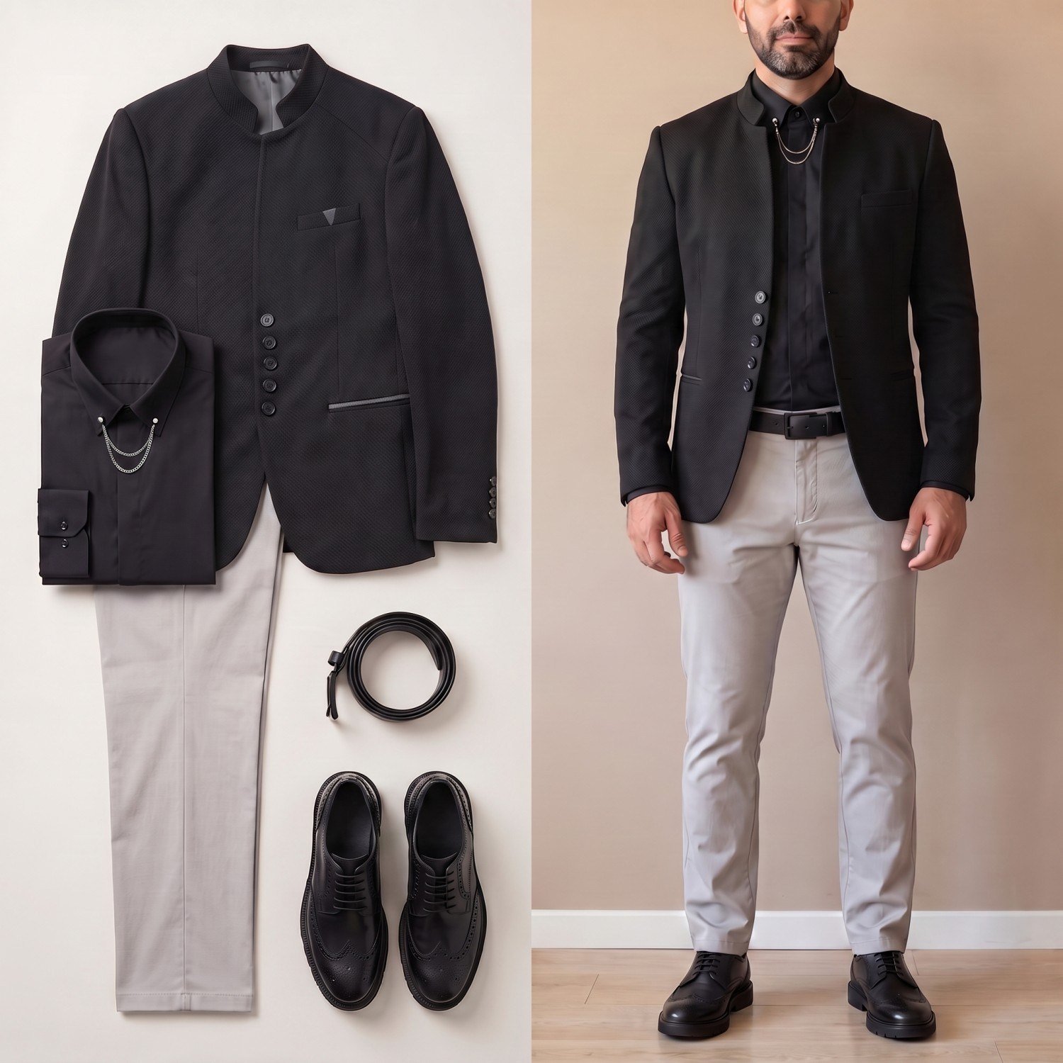 Siyah Dik Yaka Blazer Ceket Kombini Erkek | Slim Fit Şık Komple Set 