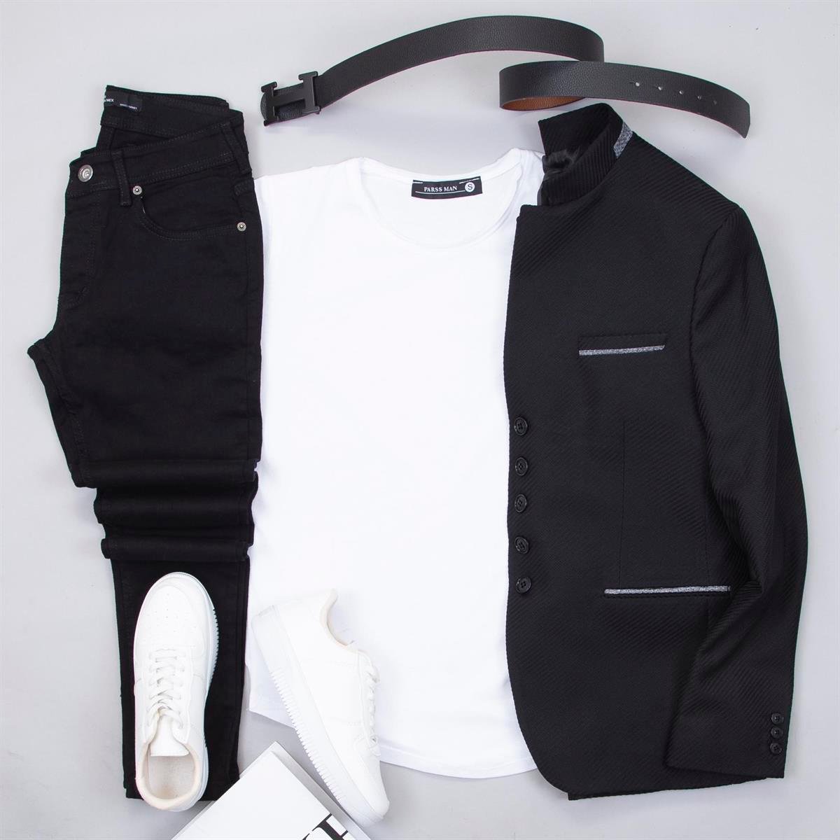 Siyah Dik Yaka Blazer Ceket Tişört Pantolon Ayakkabı Kombin