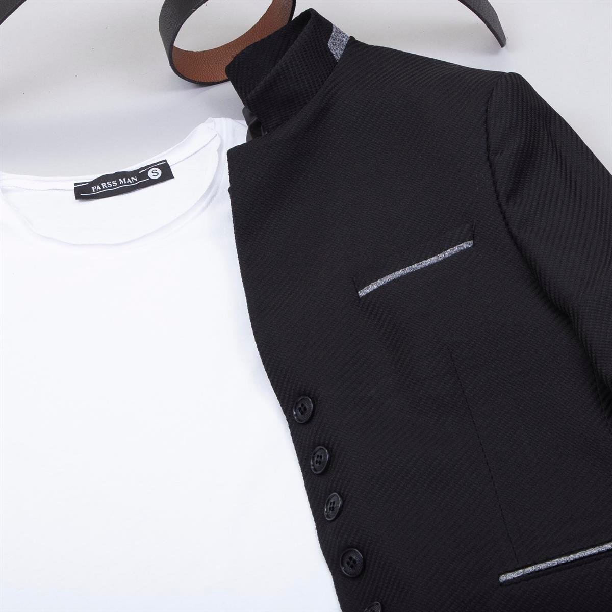 Siyah Dik Yaka Blazer Ceket Tişört Pantolon Ayakkabı Kombin