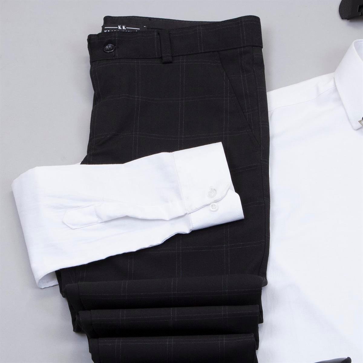 Siyah Ekose Pantolon Beyaz Gömlek Ayakkabı Kombin
