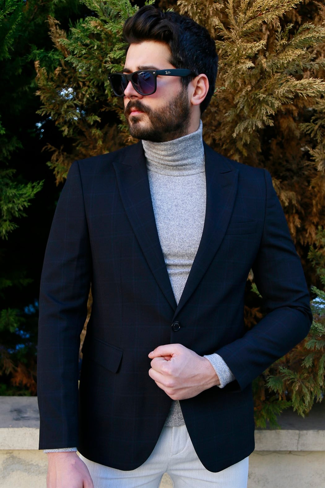 ERKEK Ekoseli Erkek Slim Blezir Ceket SİYAH CEKET SİYAH