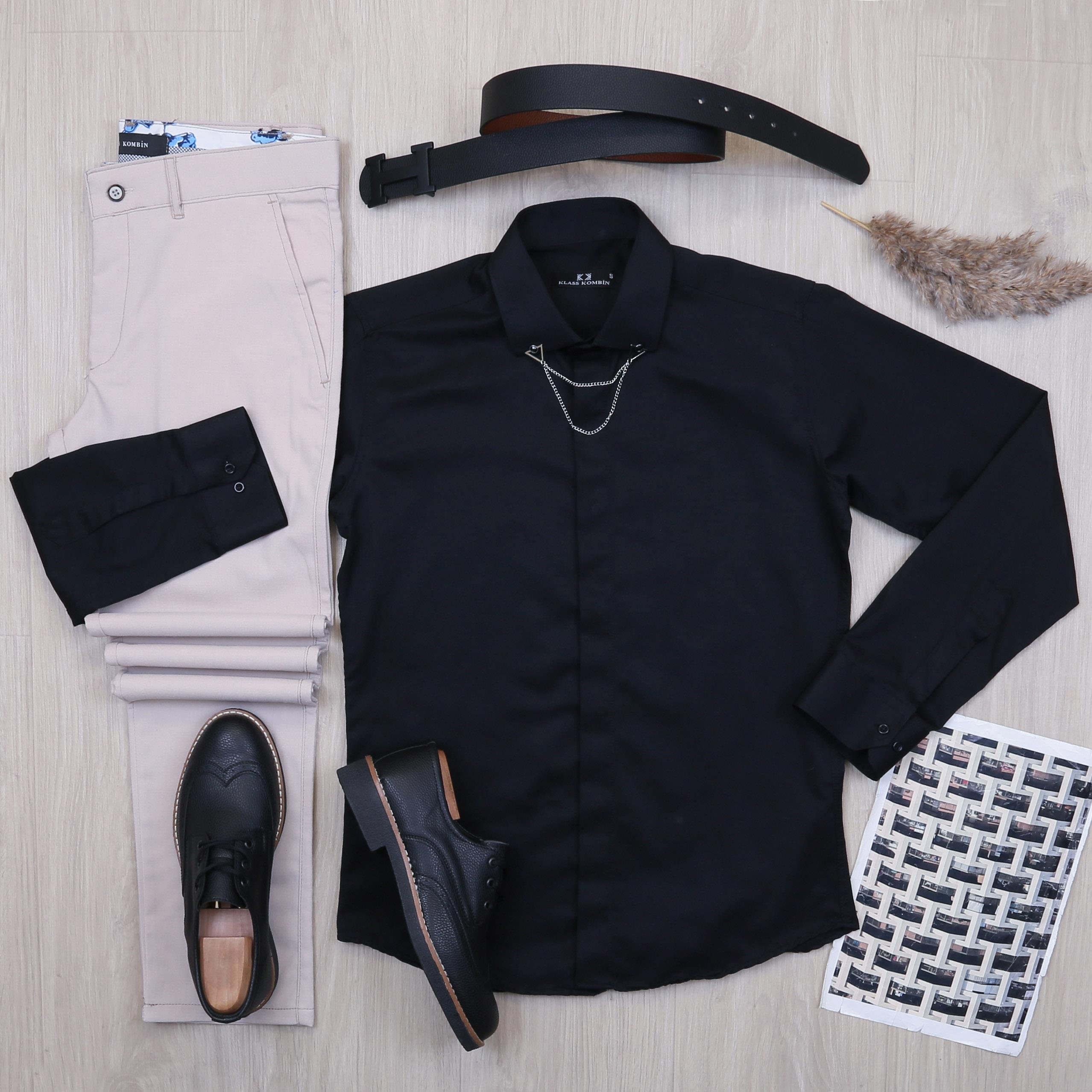 Siyah Gömlek Bej Pantolon Ayakkabı Kombin