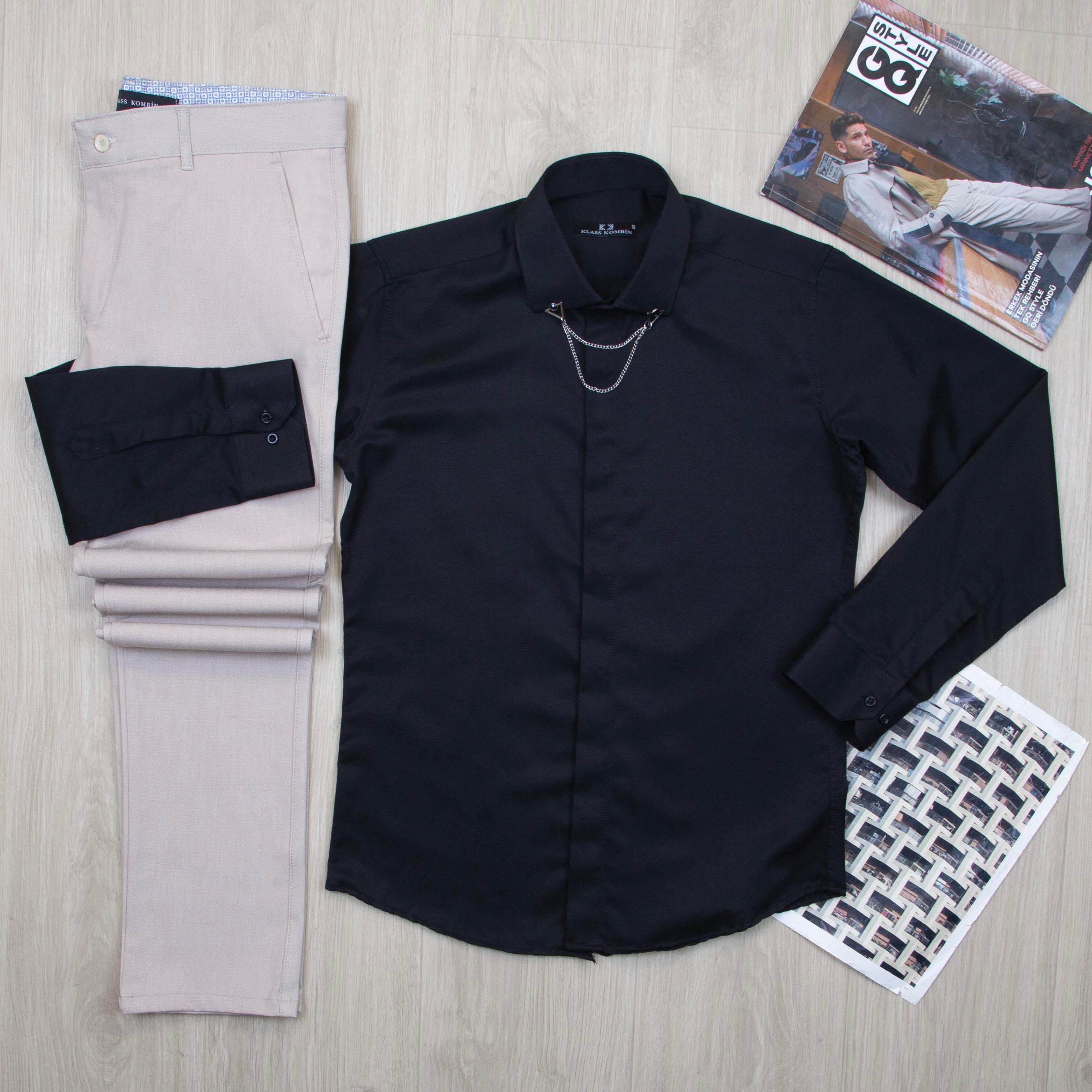 Siyah Gömlek Bej Pantolon Kombin