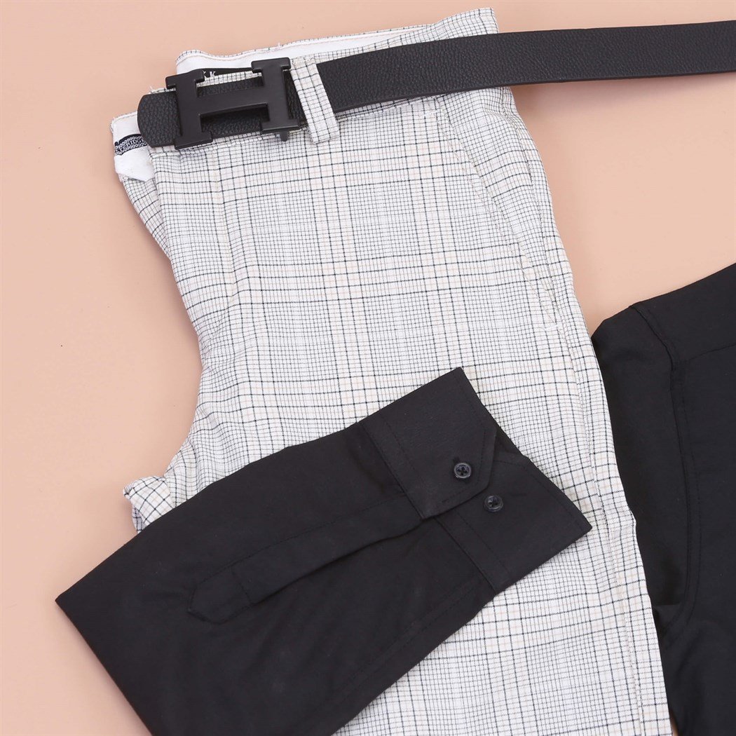 Siyah Gömlek Beyaz Ekose Pantolon Ayakkabı kombini