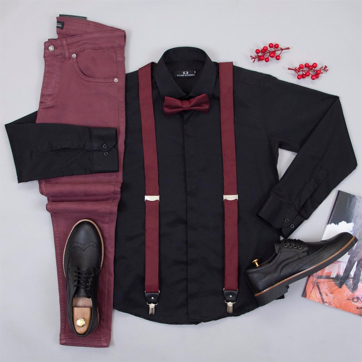Siyah Gömlek Bordo Pantolon Papyon Askı Ayakkabı Kombin