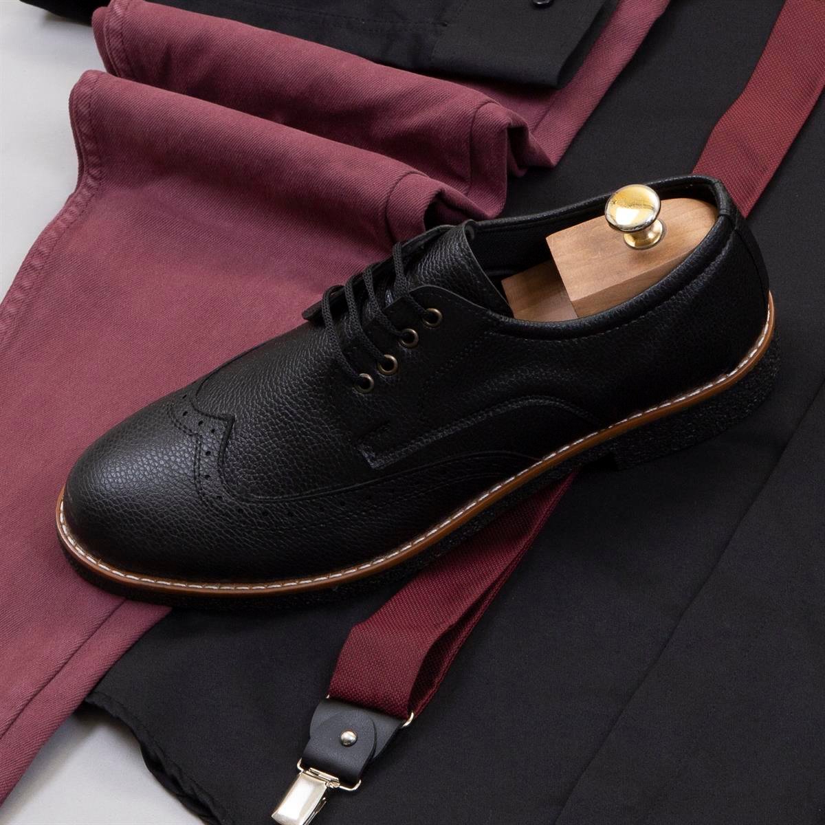 Siyah Gömlek Bordo Pantolon Papyon Askı Ayakkabı Kombin