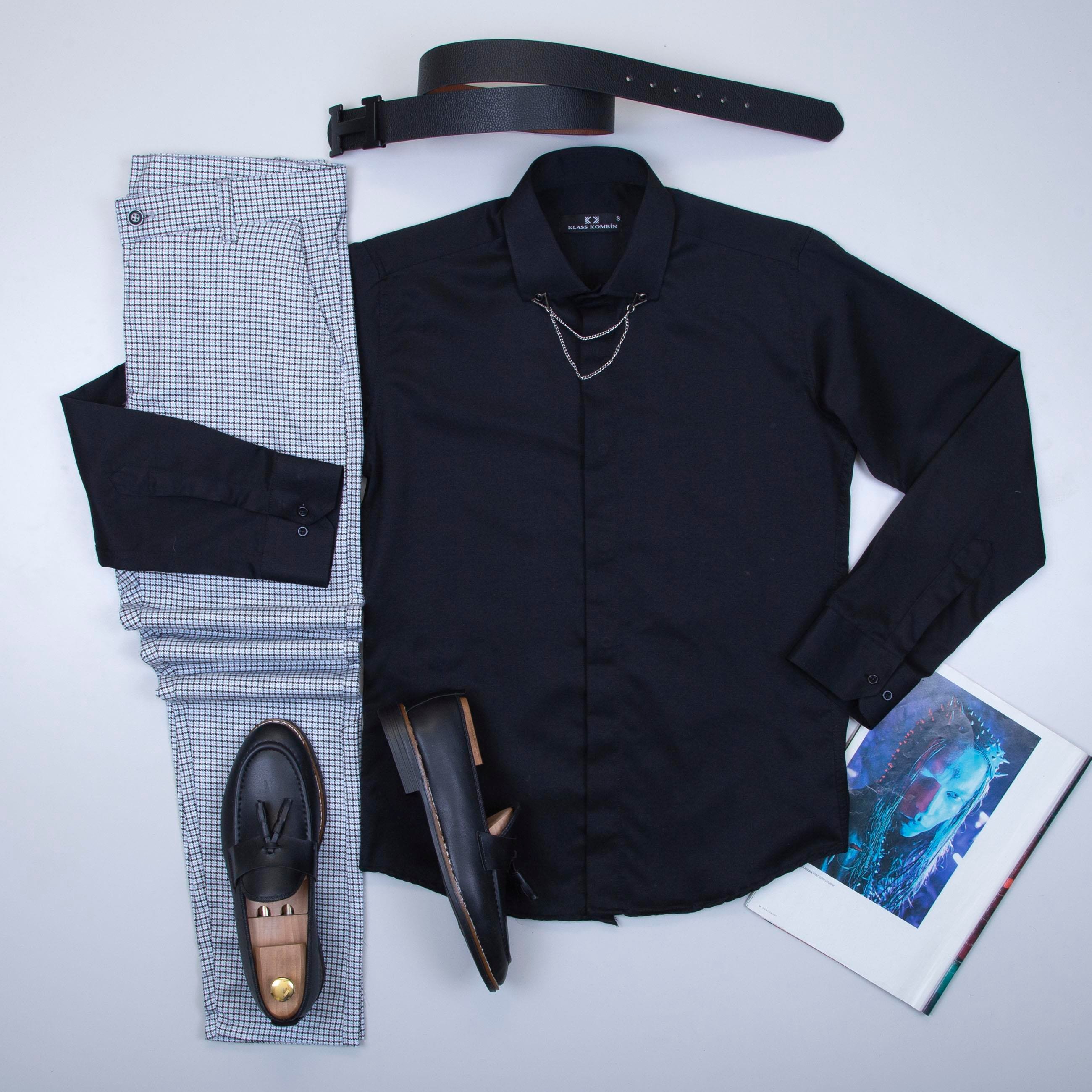 Siyah Gömlek Ekose Pantolon Ayakkabı Kombin