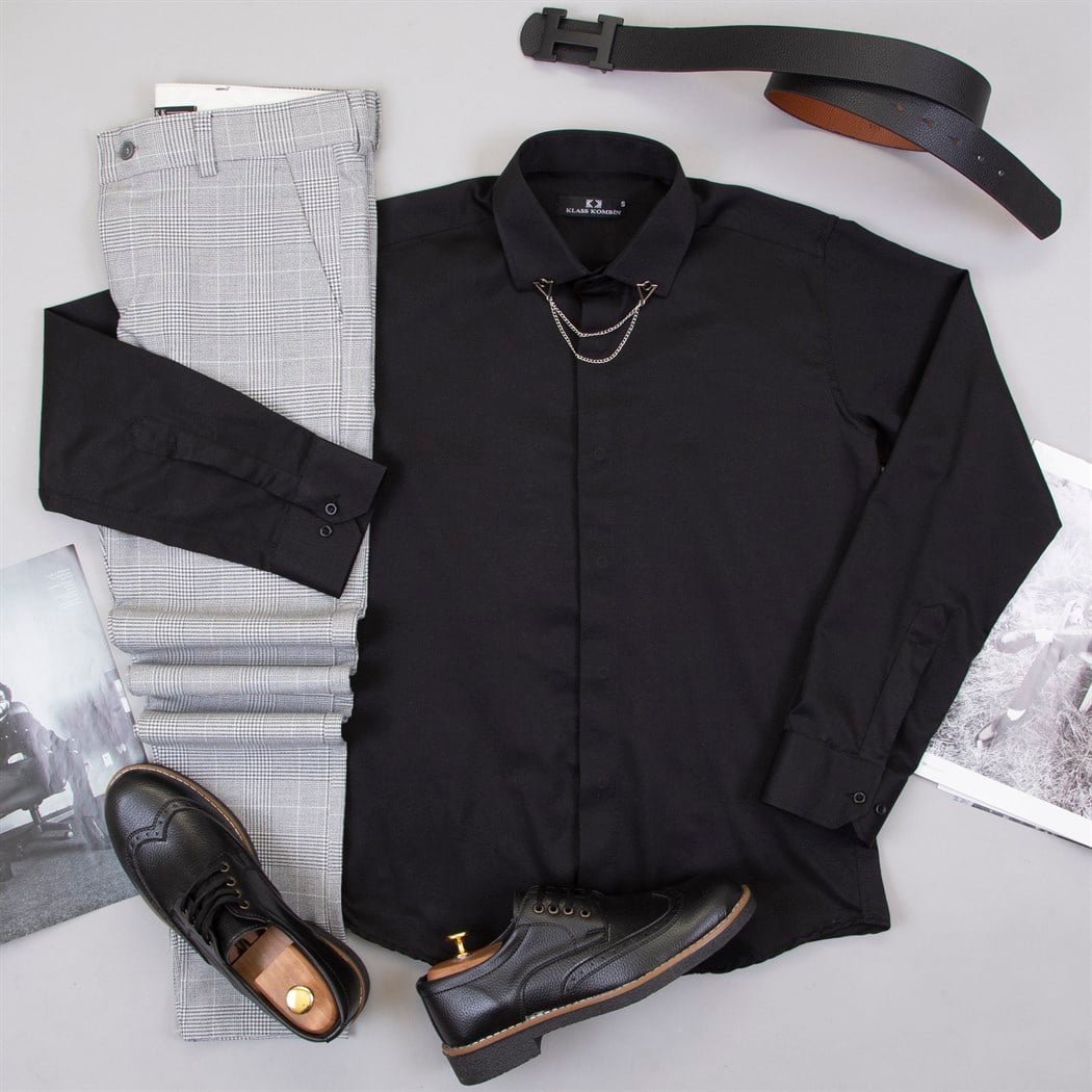 Siyah Gömlek Ekoseli Pantolon Ayakkabı Kombin