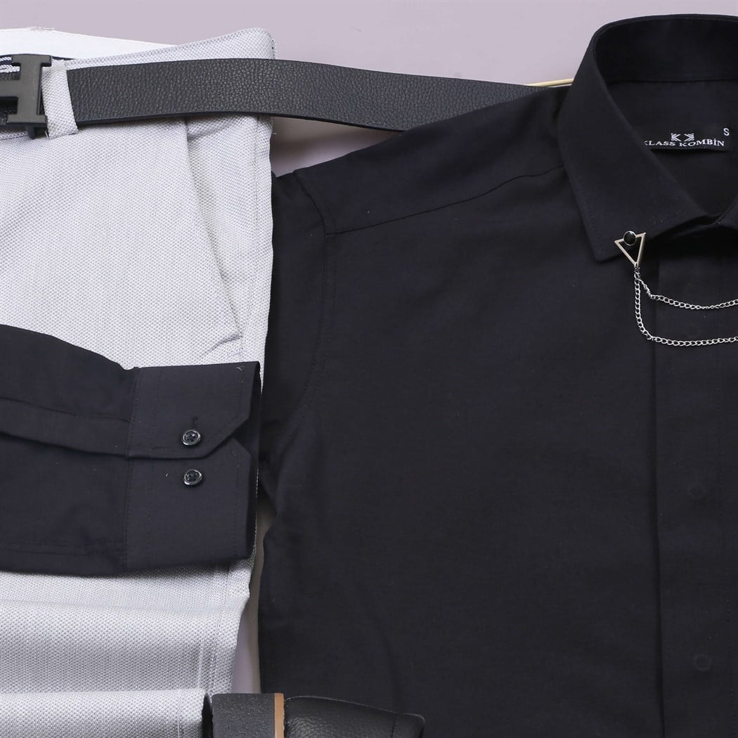 Siyah Gömlek Gri Kumaş Pantolon Ayakkabı Kombin