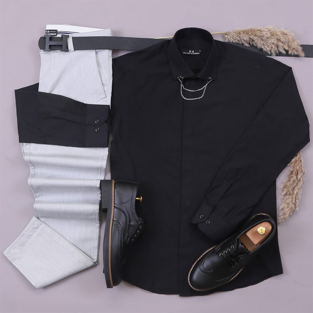 Siyah Gömlek Gri Kumaş Pantolon Ayakkabı Kombin