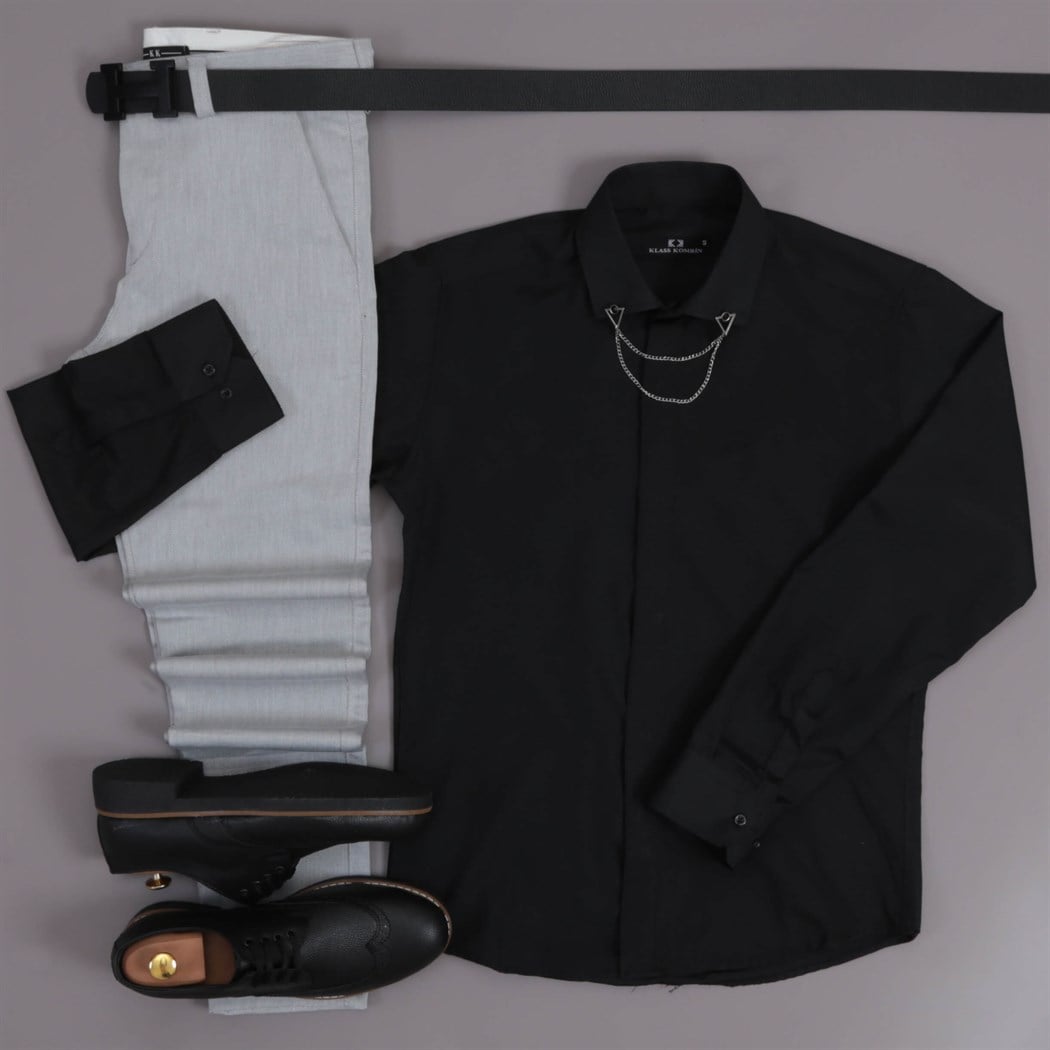 Siyah Gömlek Gri Pantolon Ayakkabı Kombini