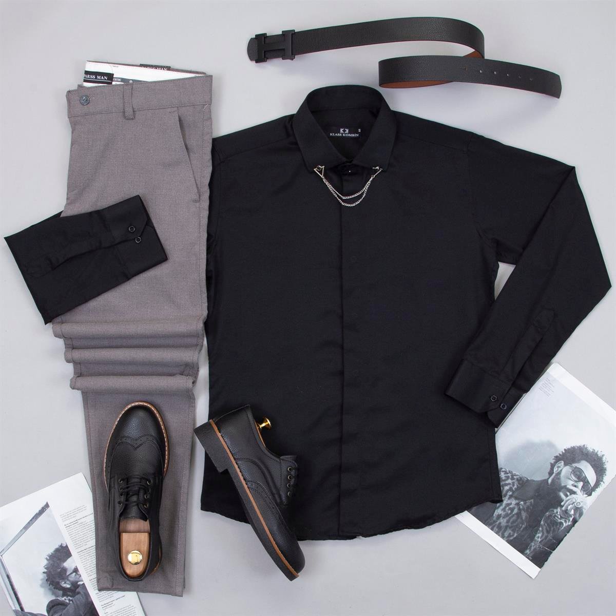 Siyah Gömlek Gri Pantolon  Ayakkabı Kombin