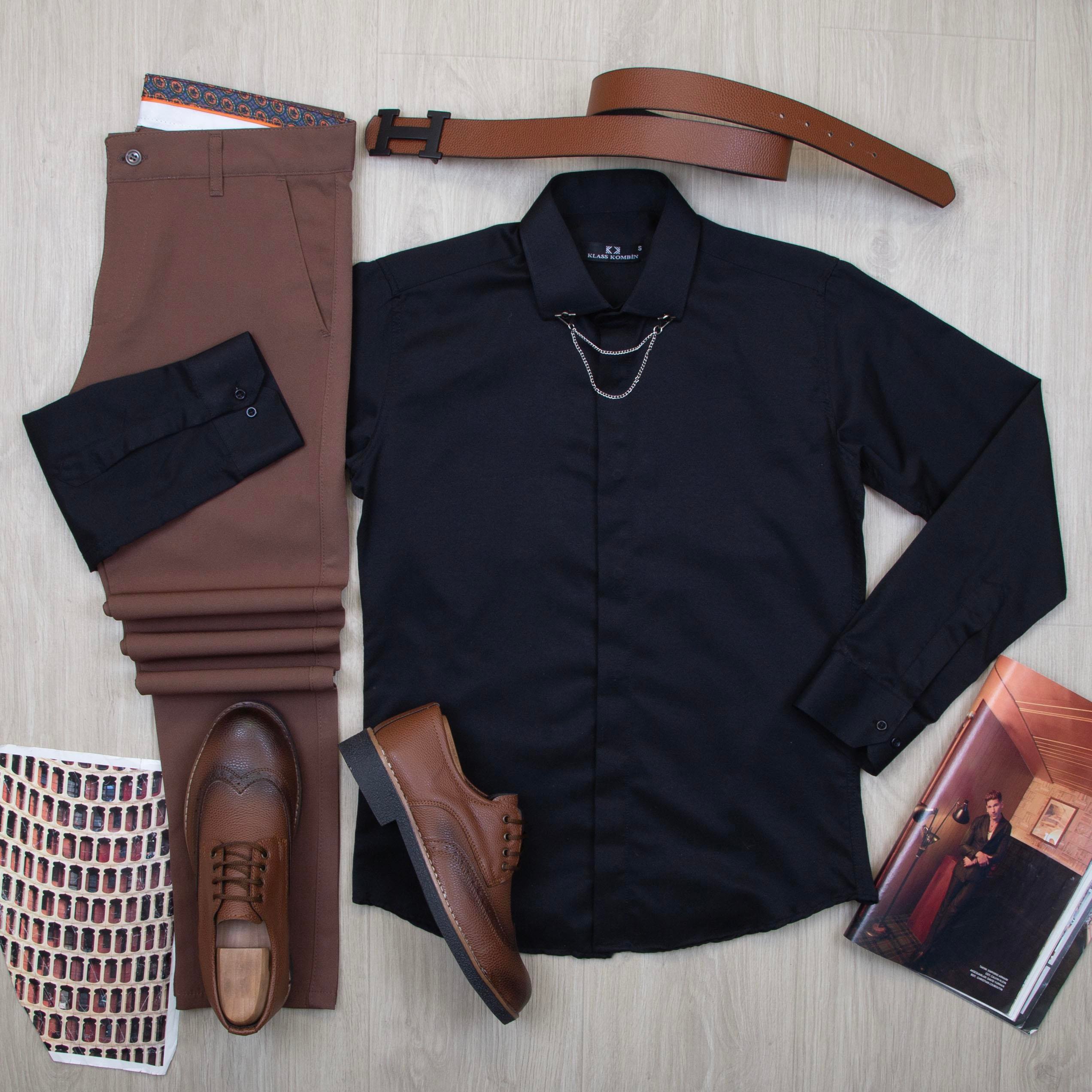 Siyah Gömlek Kahve Pantolon Ayakkabı Kombin