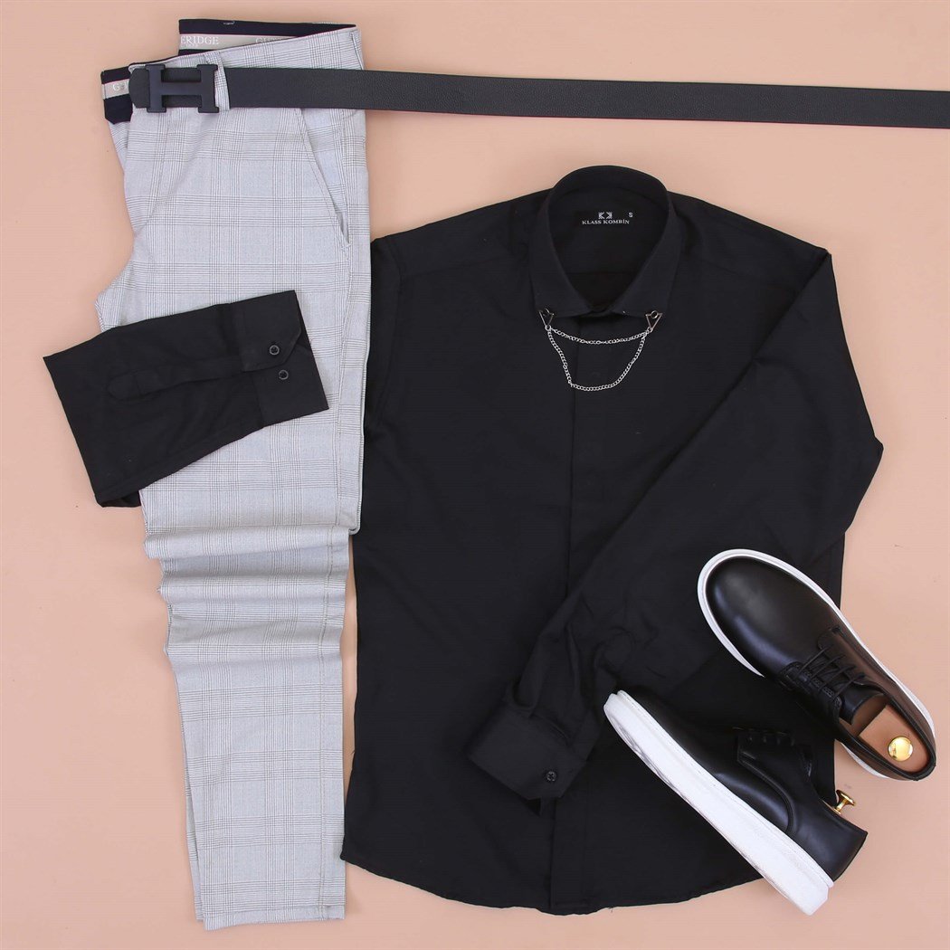 Siyah Gömlek Kumaş Pantolon Klasik Ayakkabı Koımbini 