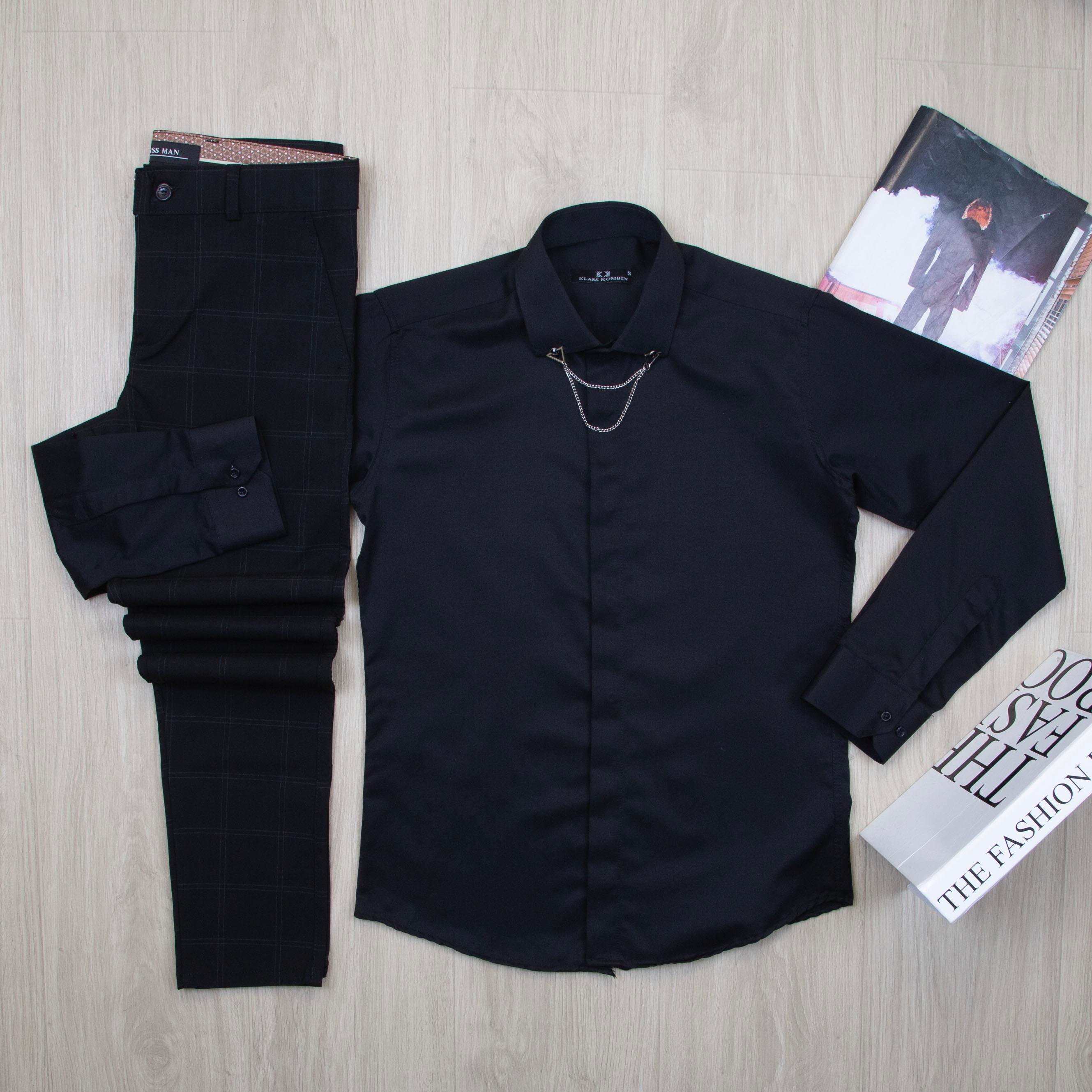 Siyah Gömlek Siyah Ekose Pantolon Kombin