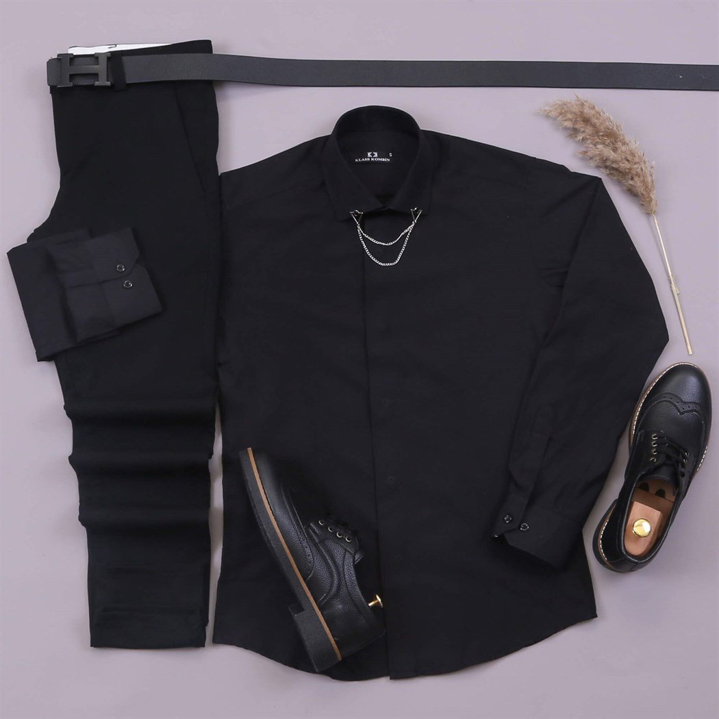Siyah Gömlek Siyah Kumaş Pantolon Ayakkabı Kombin