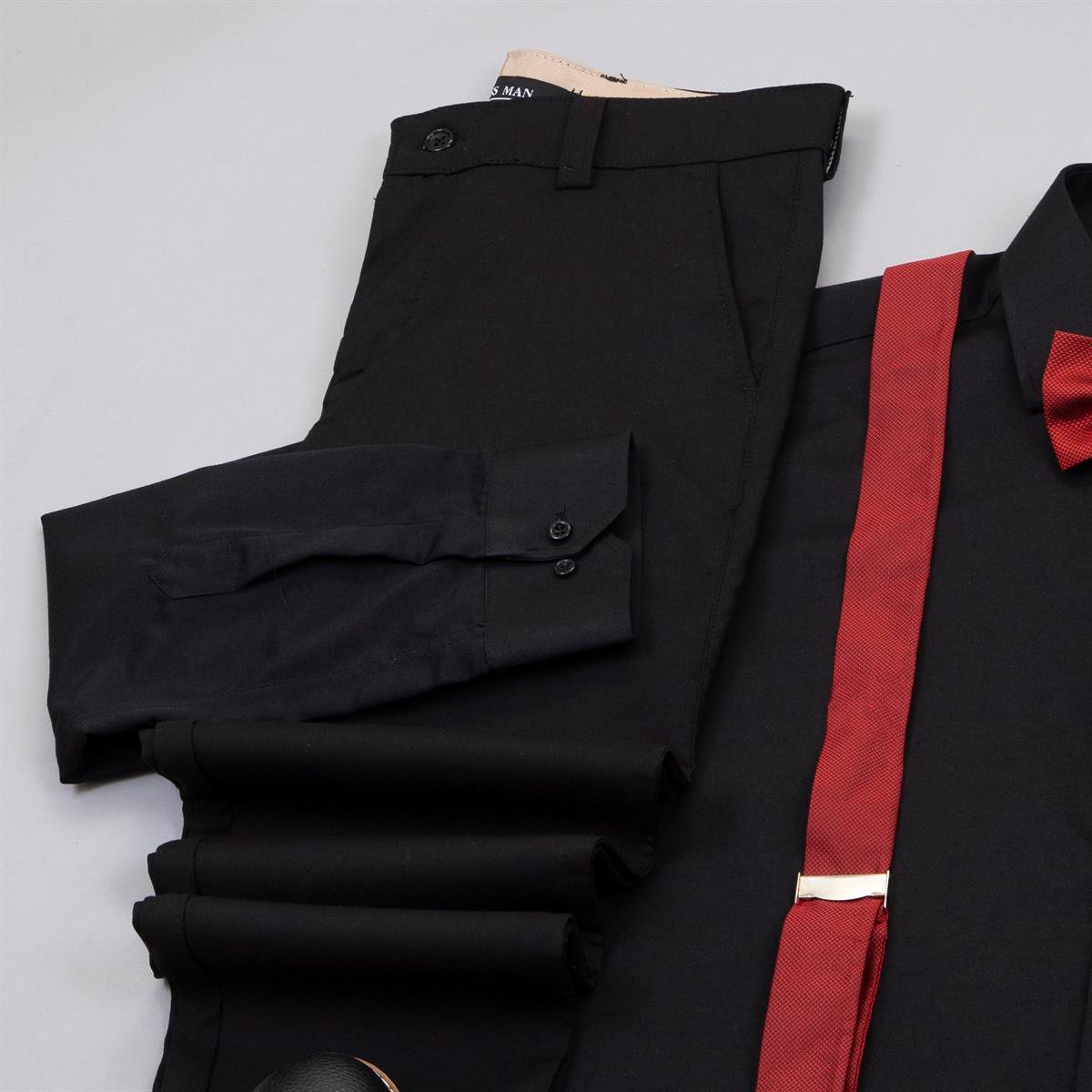 Siyah Gömlek Siyah Pantolon Papyon Askı Ayakkabı Kombin