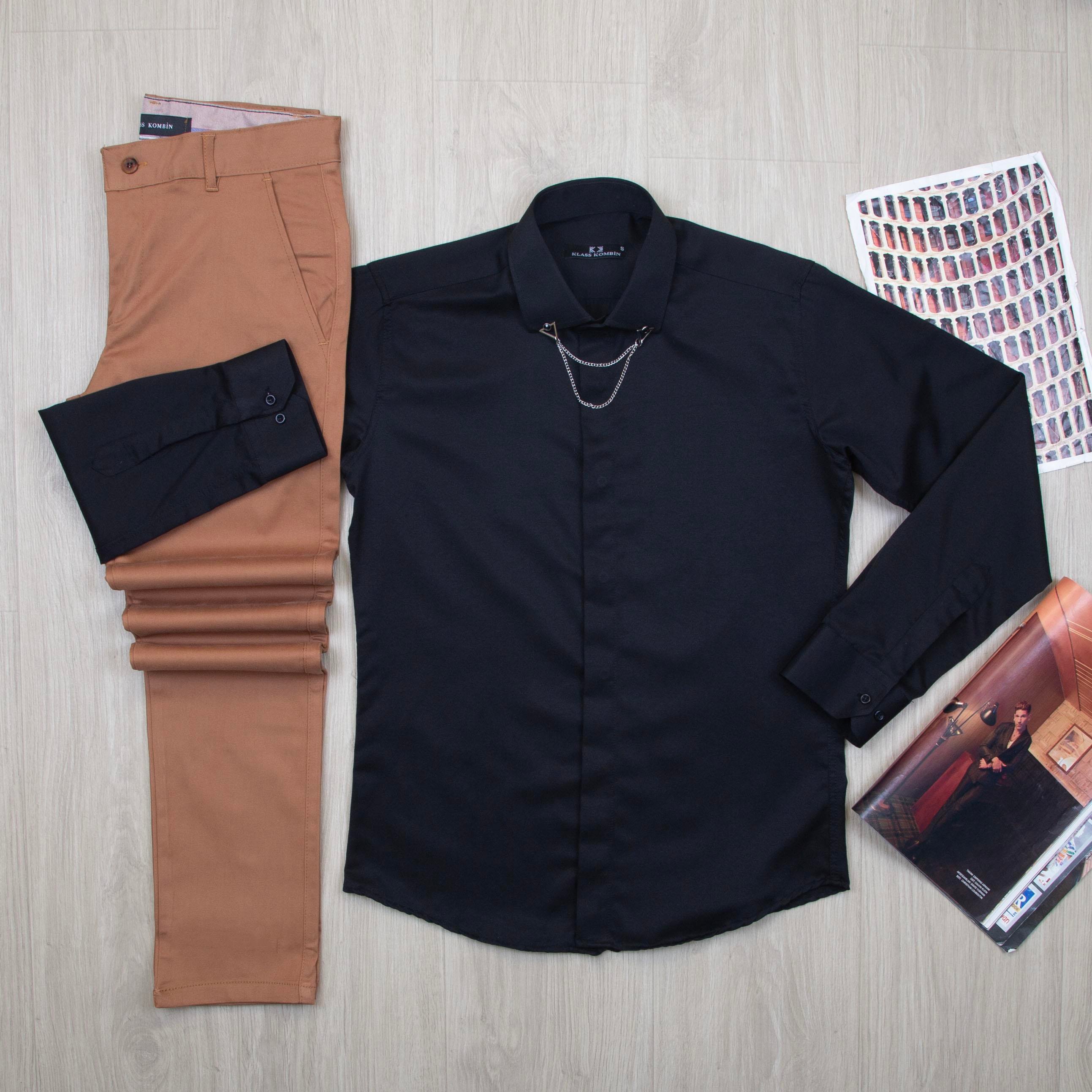 Siyah Gömlek Taba Pantolon Kombin