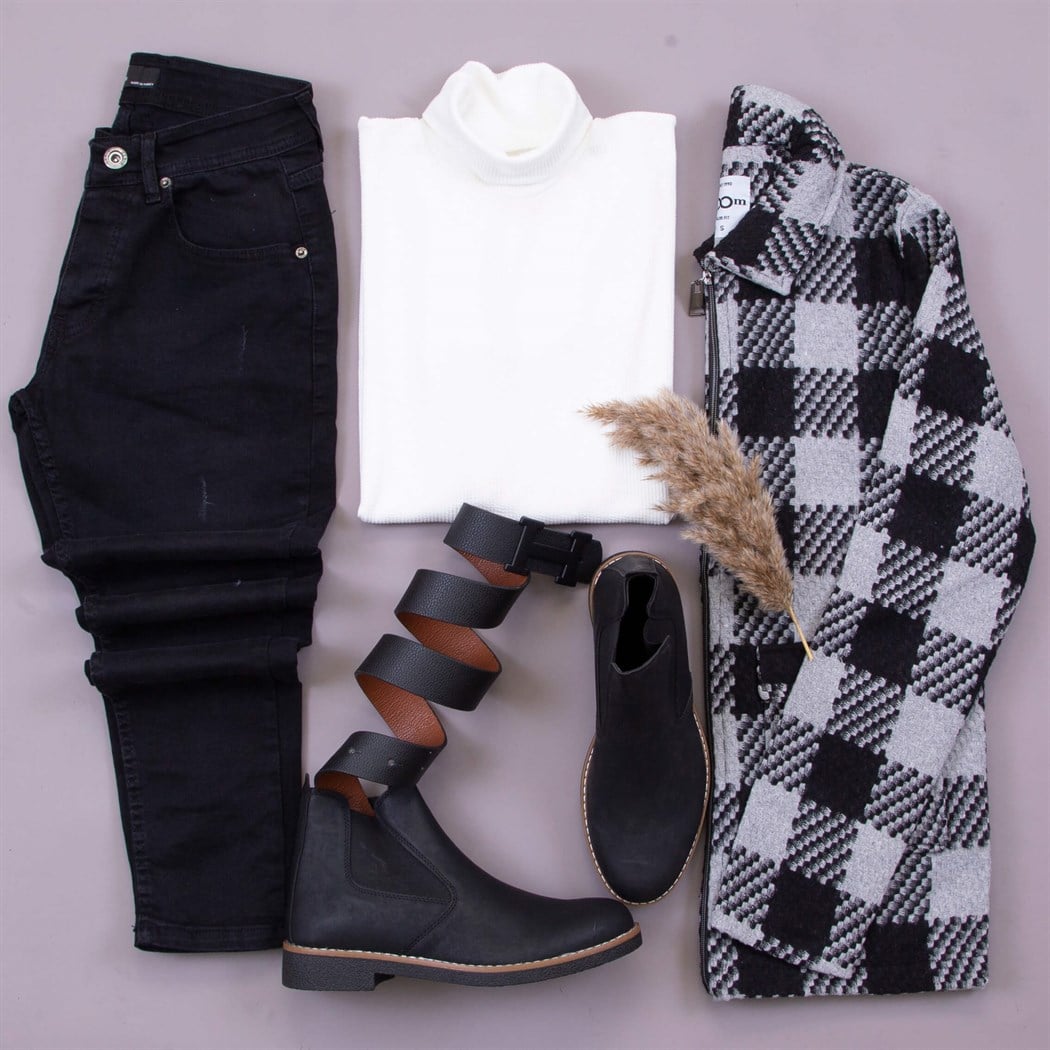 Siyah Gri Ceket Kazak Pantolon Bot Kombin