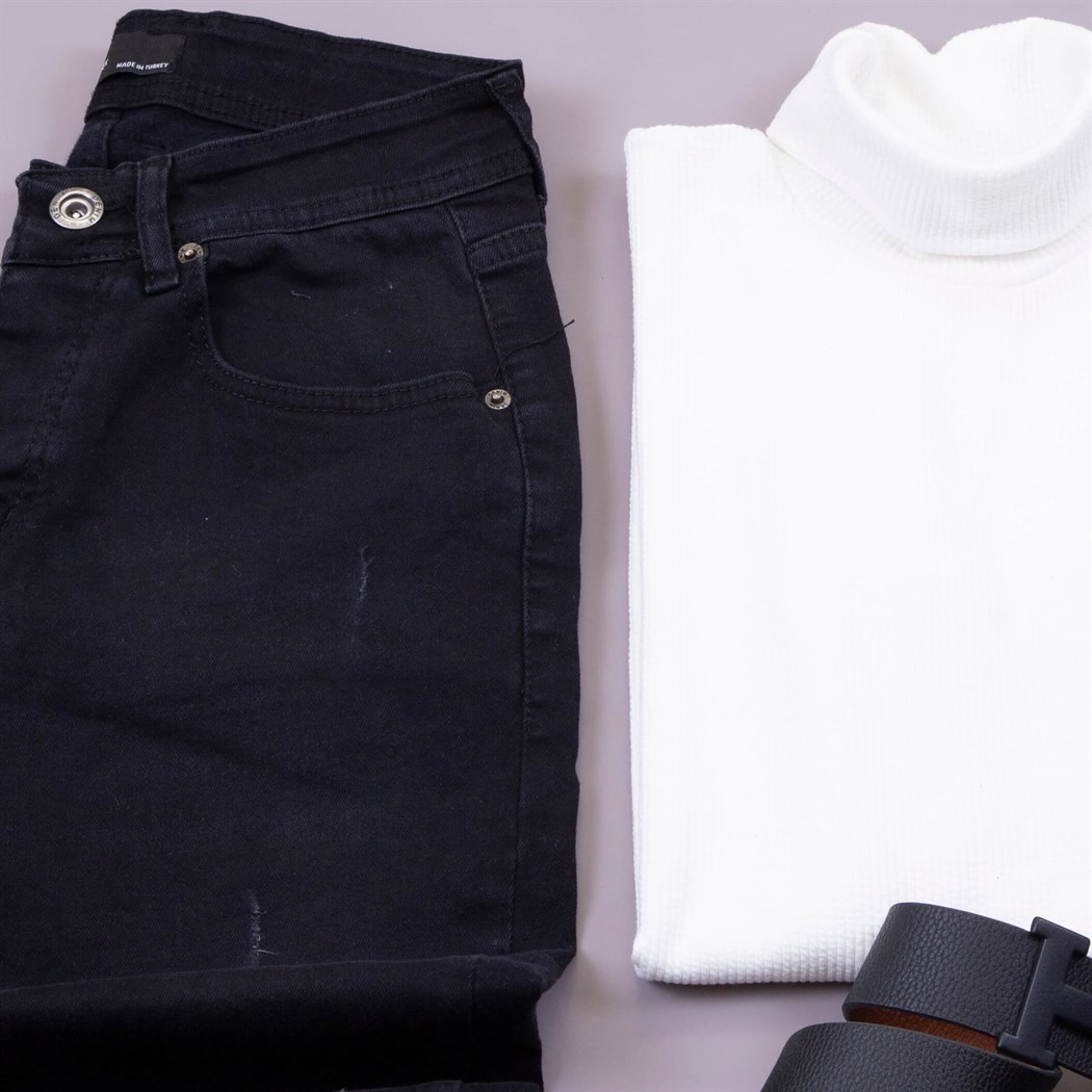 Siyah Gri Ceket Kazak Pantolon Bot Kombin