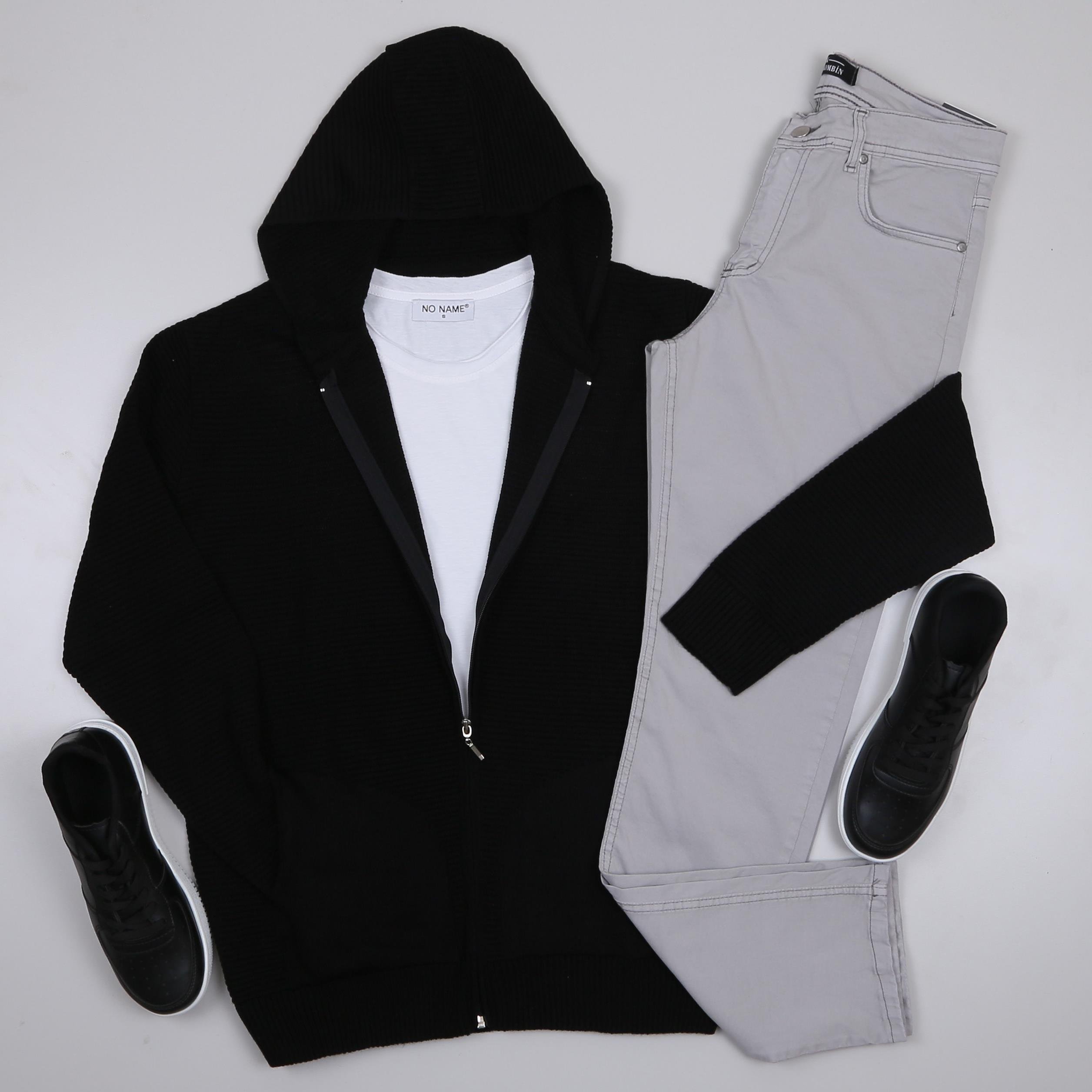 siyah kapşonlu hırka kombini