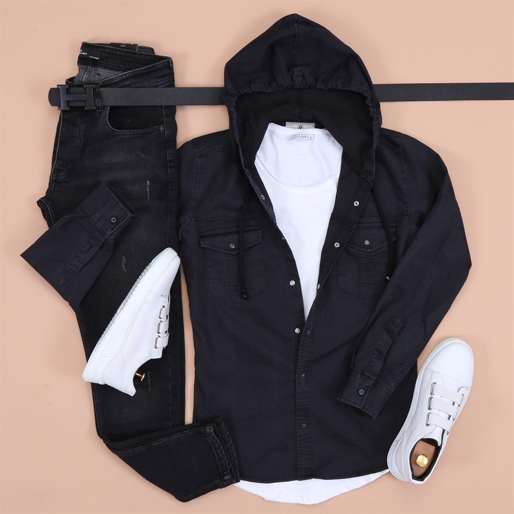 Siyah Kapsonlu Kot Gömlek Pantolon Ayakkabı Kombini