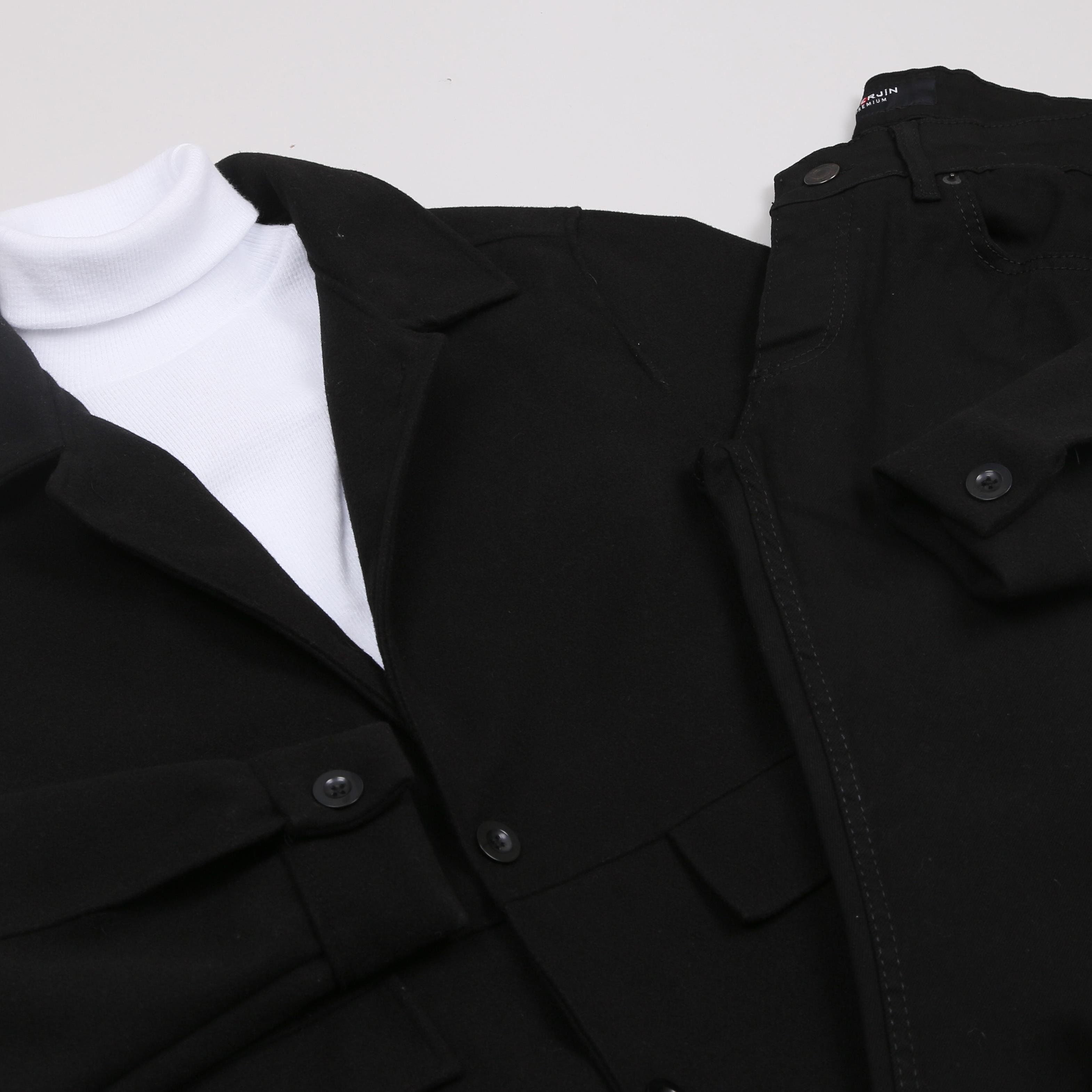 Siyah Kaşe Ceket Boğazlı Body Kot Pantolon Bot Kombini