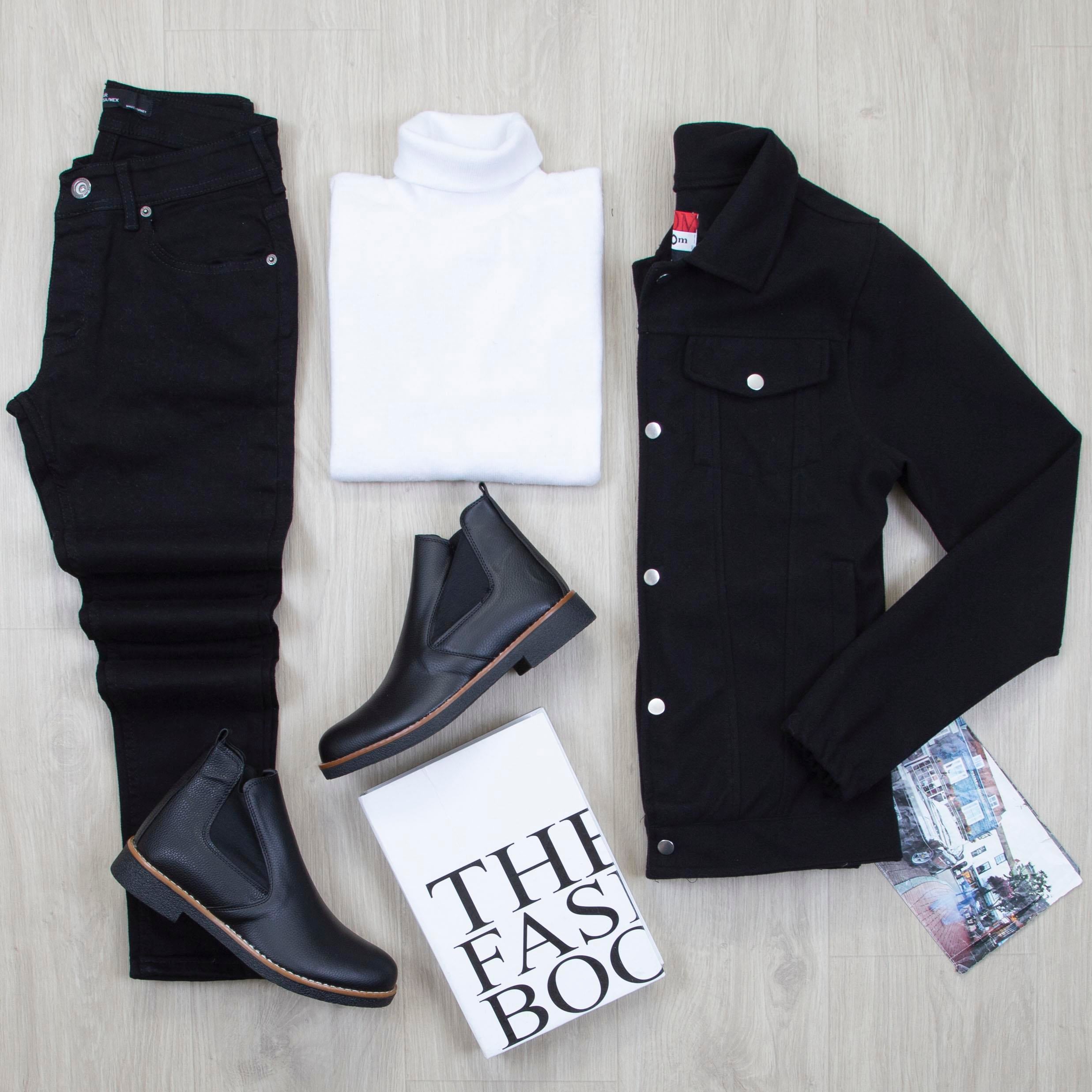 Siyah Kaşe Ceket Boğazlı Body Pantolon Bot Kombin