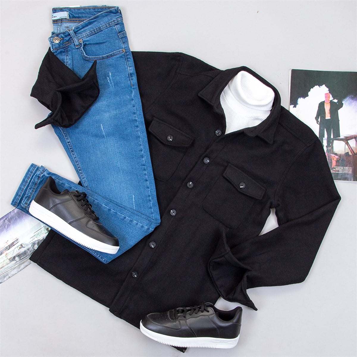 Siyah Kaşe Gömlek Boğazlı Kazak Pantolon Ayakkabı Kombin