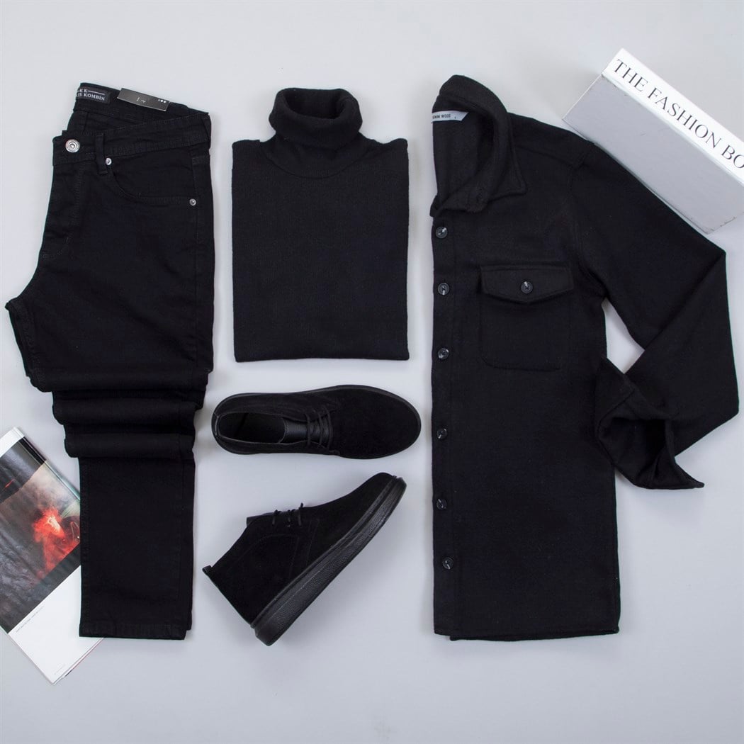 Siyah Kaşe Gömlek Boğazlı Kazak Pantolon Bot Kombin