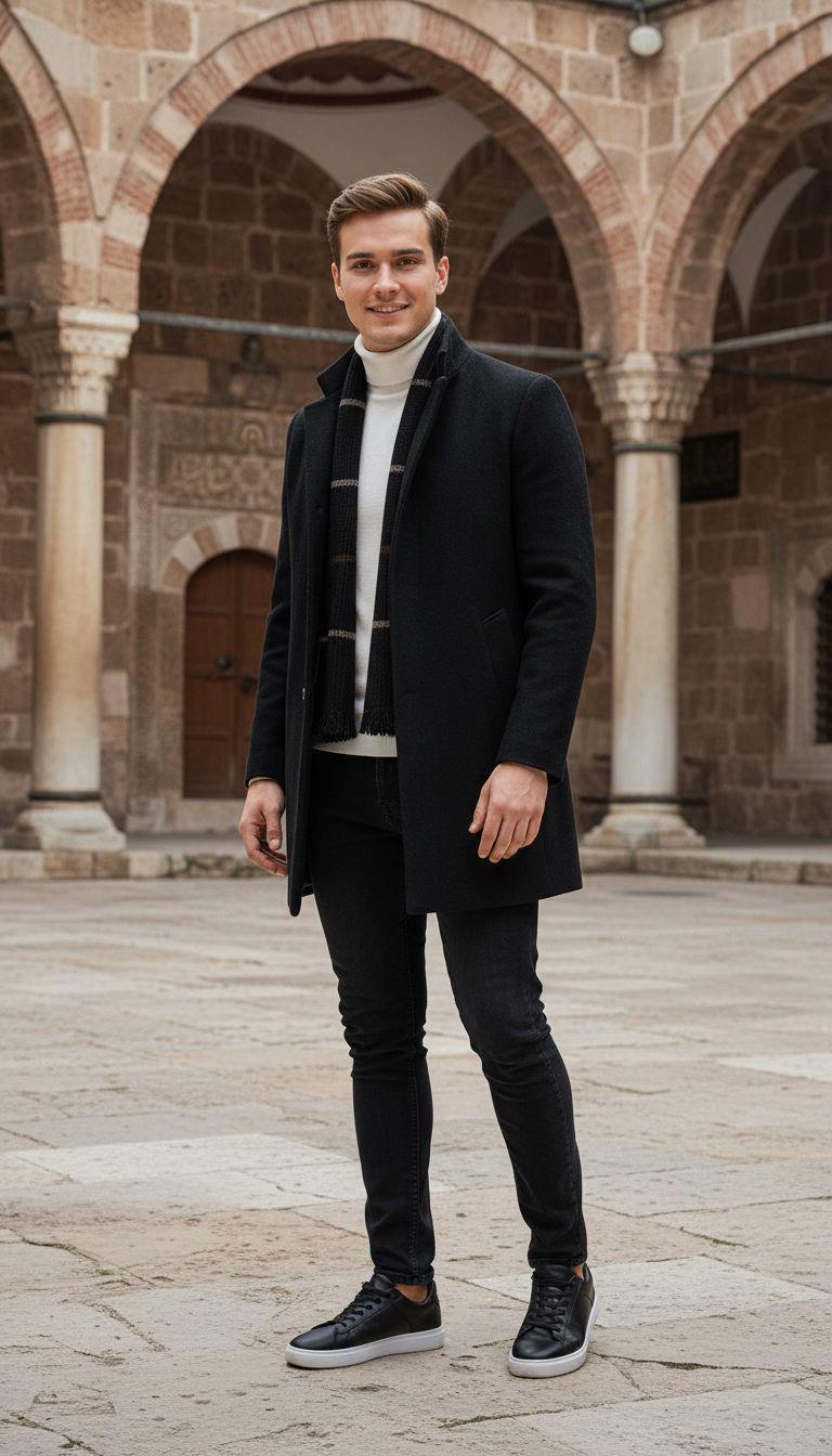 Siyah Kaşe Kaban Boğazlı Body Pantolon Ayakkabı Kombin