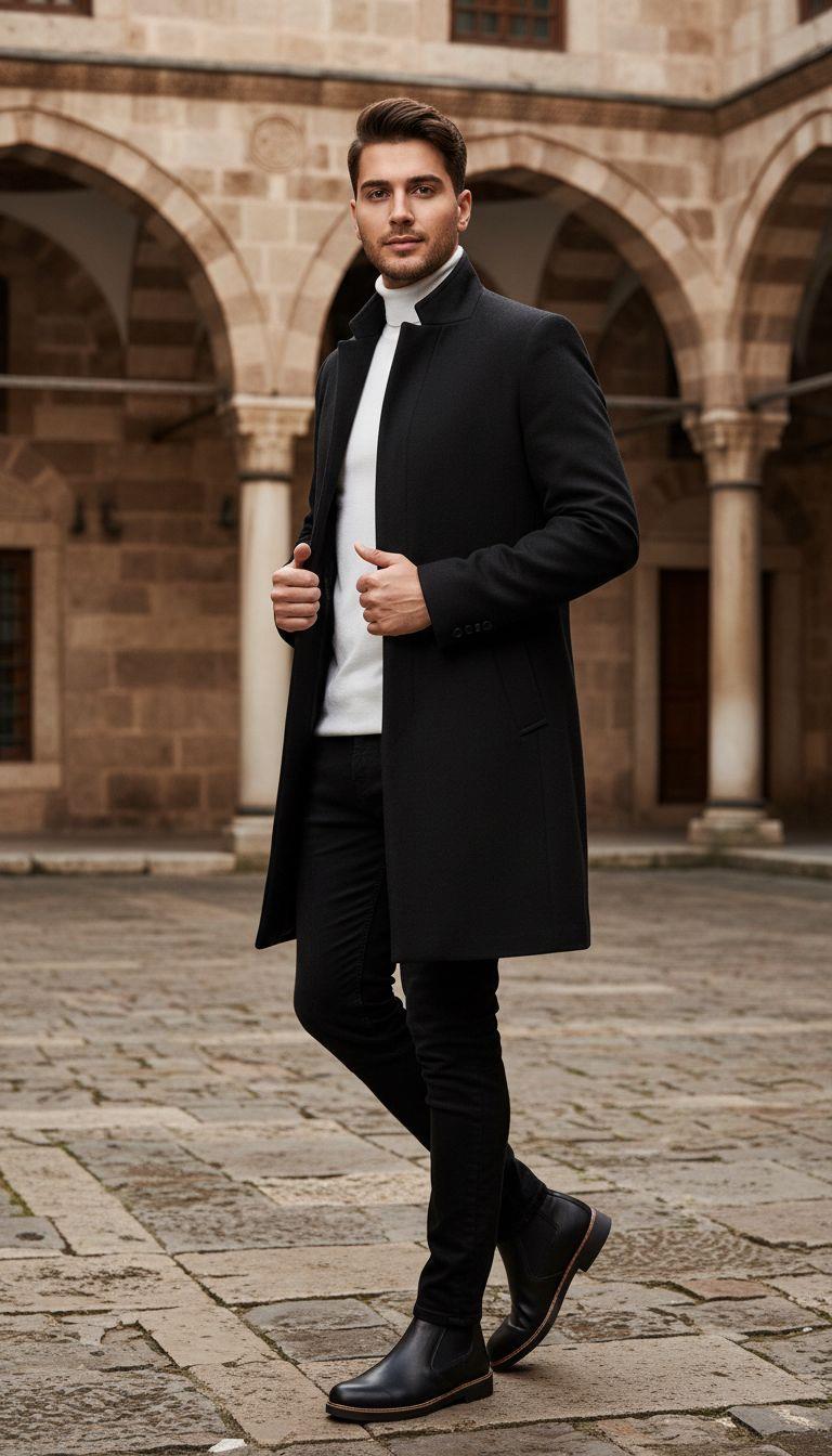 Siyah Kaşe Kaban Boğazlı Body Pantolon Bot Kombin