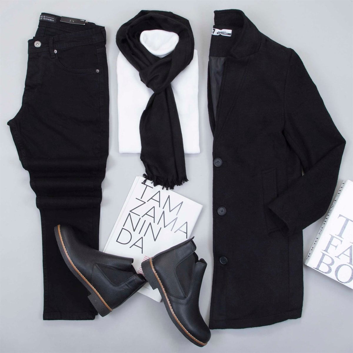 Siyah Kaşe Kaban Boğazlı Kazak Pantolon Atkı Bot Kombin