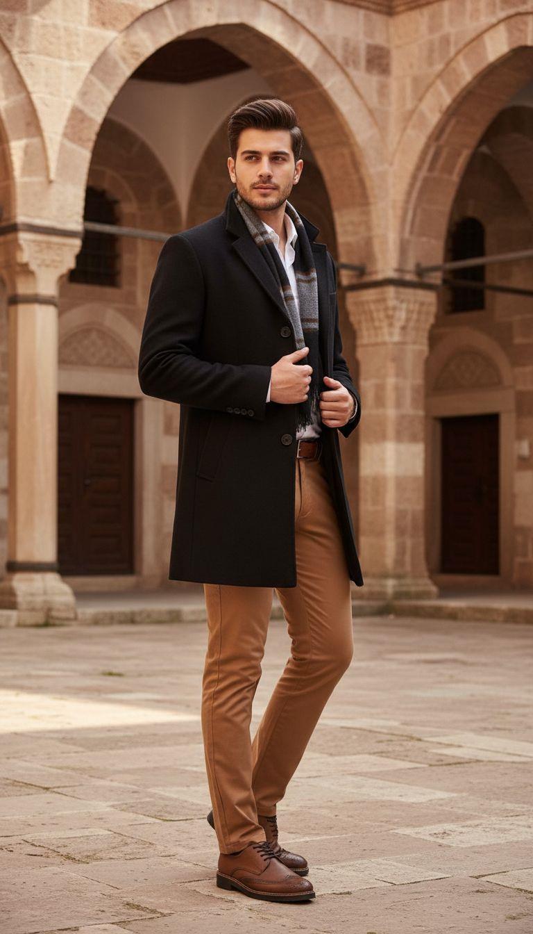 Siyah Kaşe Kaban Gömlek Pantolon Ayakkabı Kombin